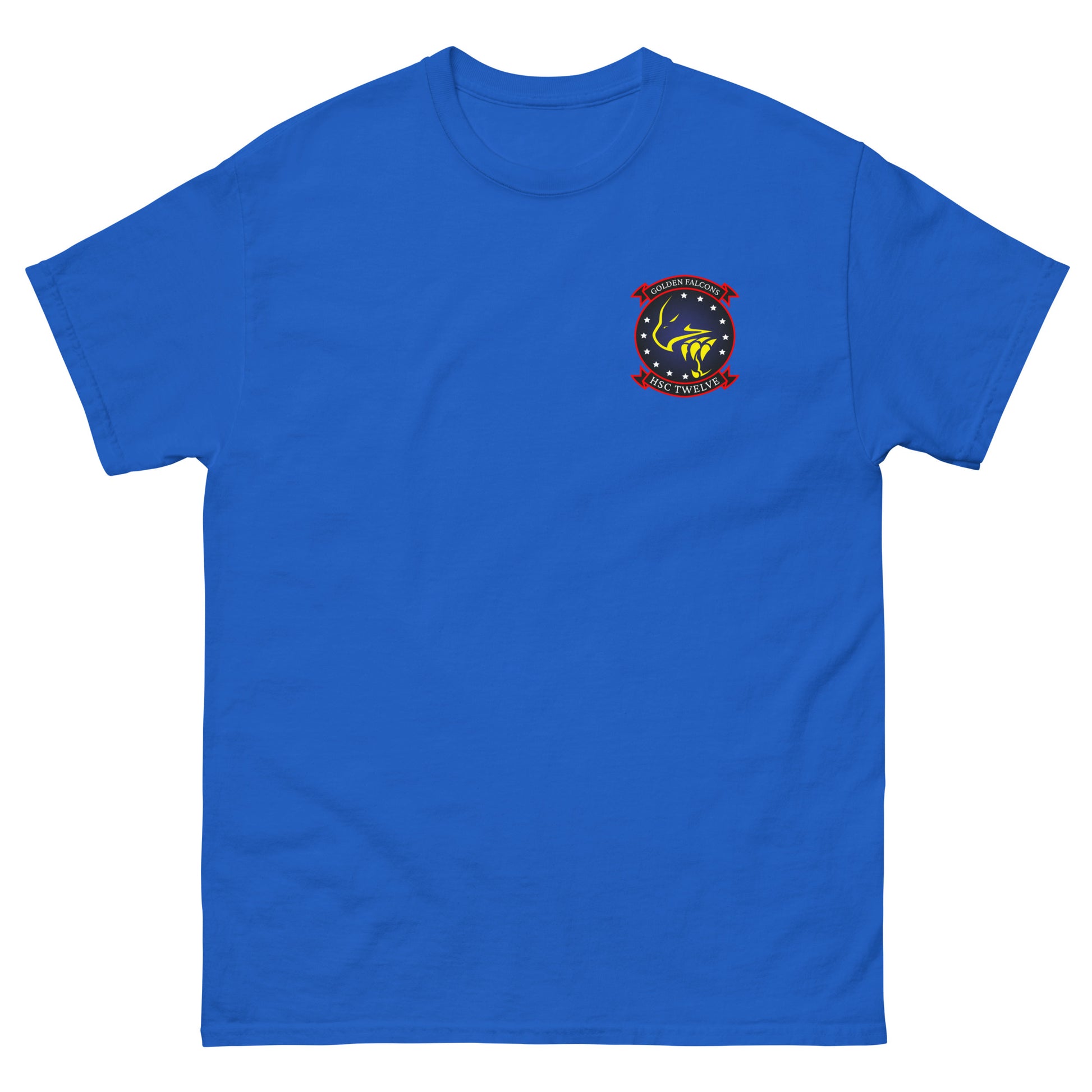 HSC-12 Golden Falcons Squadron Crest T-Shirt – front view, royal