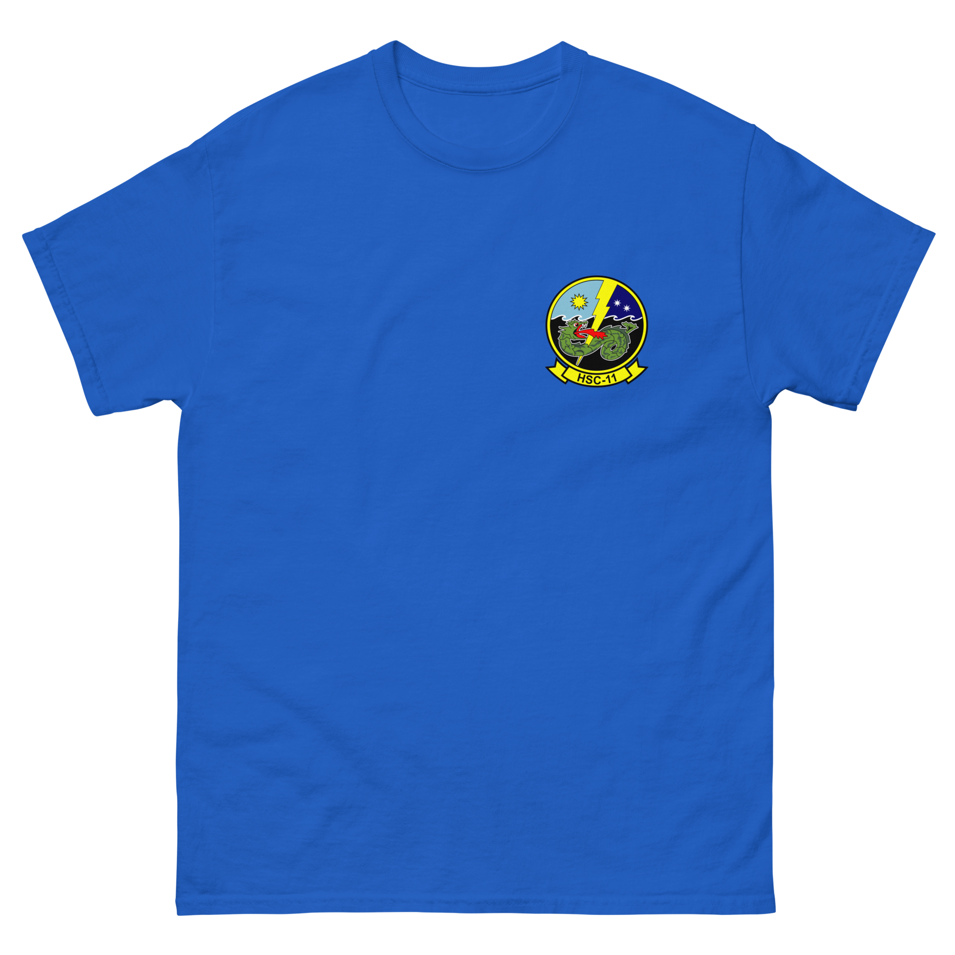 HSC-11 Dragonslayers Squadron Crest T-Shirt – front view, royal