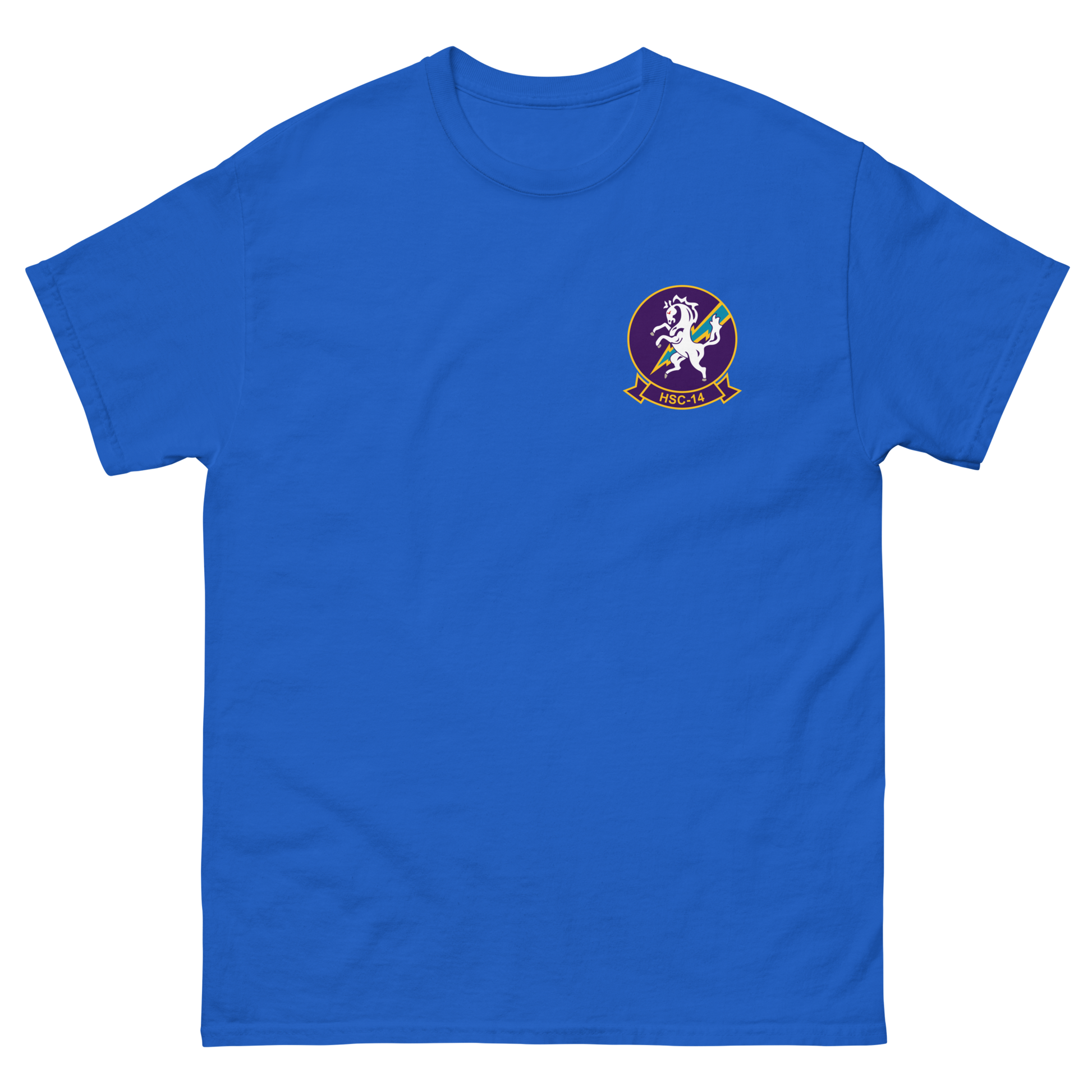 HSC-14 Chargers Squadron Crest T-Shirt – front view, royal
