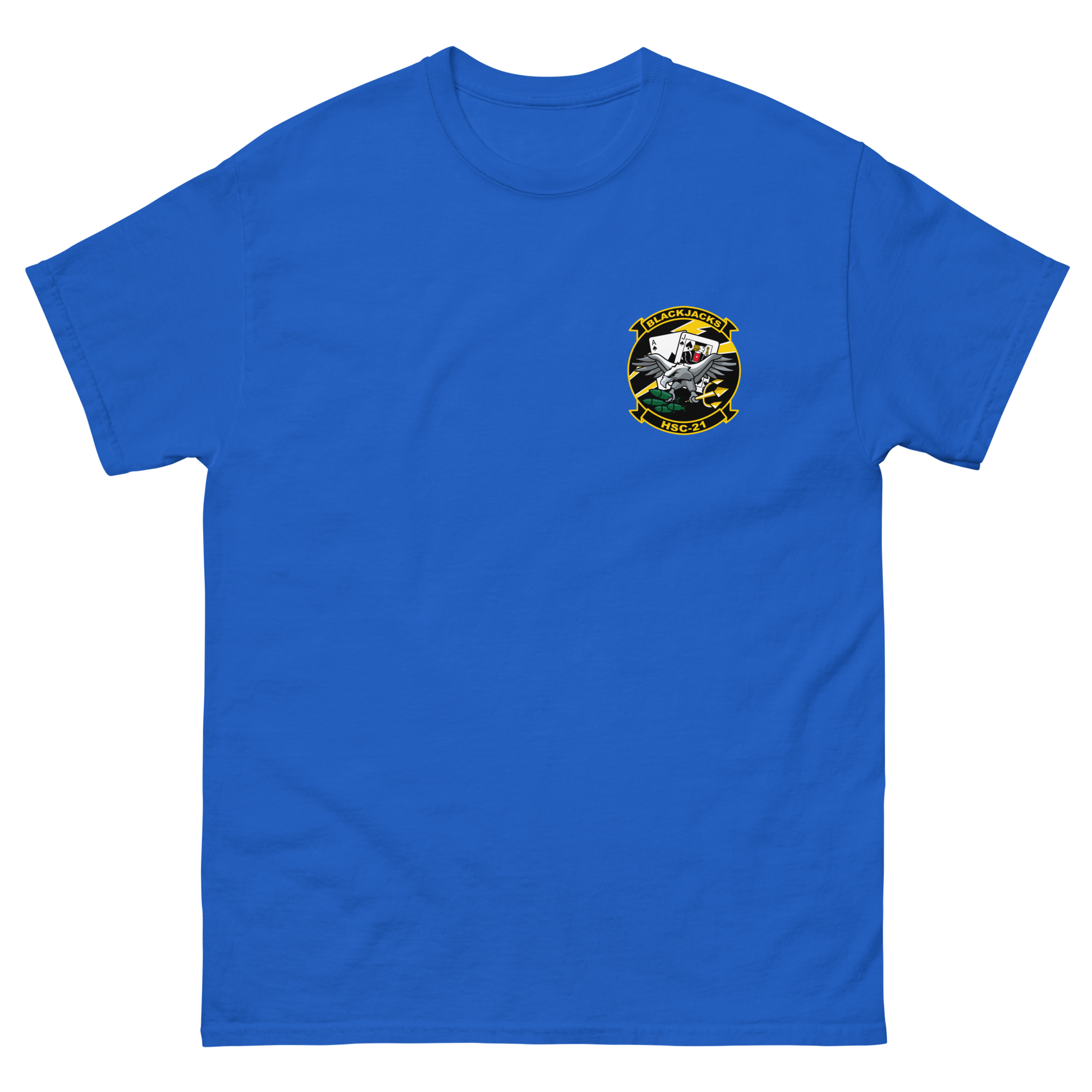 HSC-21 Blackjacks Squadron Crest T-Shirt – front view, royal