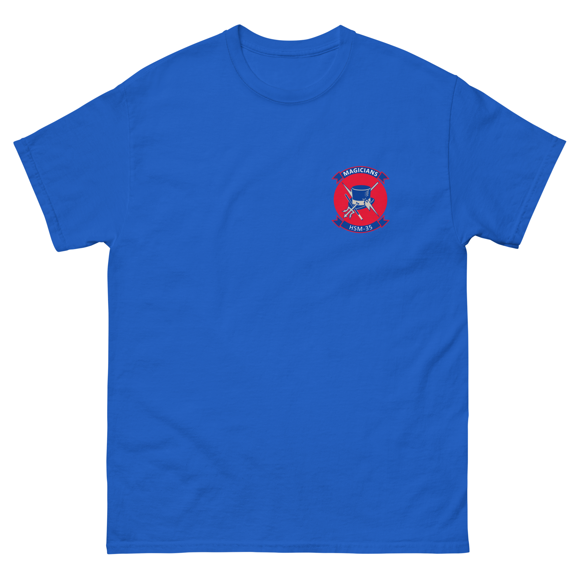 HSM-35 Magicians Squadron Crest T-Shirt – front view, royal