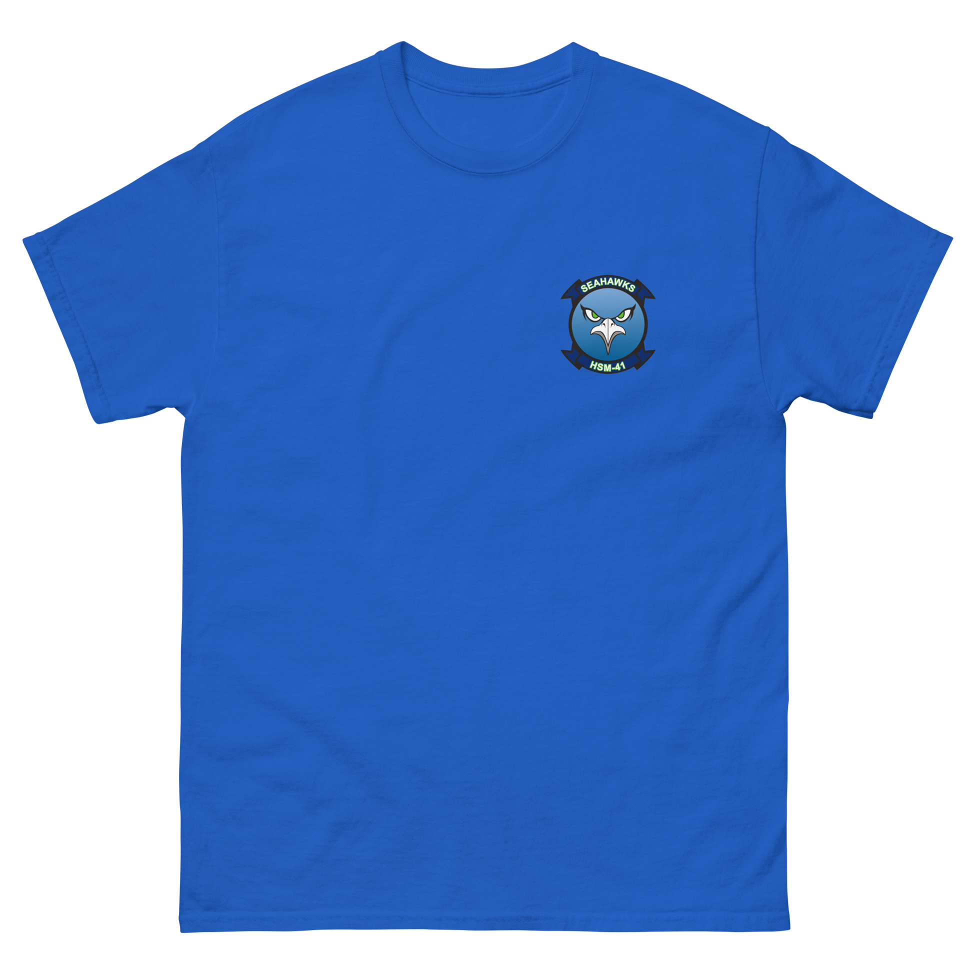 HSM-41 Seahawks Squadron Crest T-Shirt – front view, royal