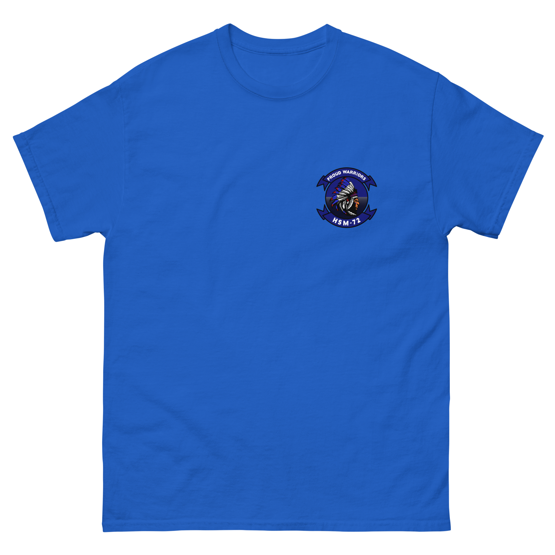 HSM-72 Proud Warriors Squadron Crest Shirt – front view, royal