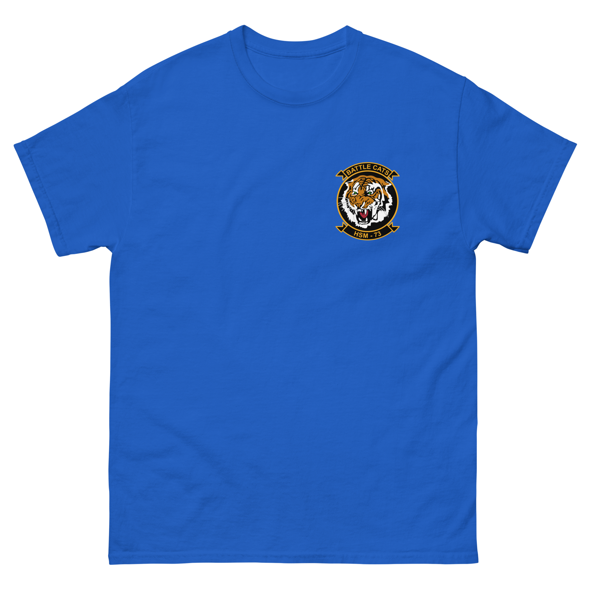 HSM-73 Battlecats Squadron Crest Shirt – front view, royal