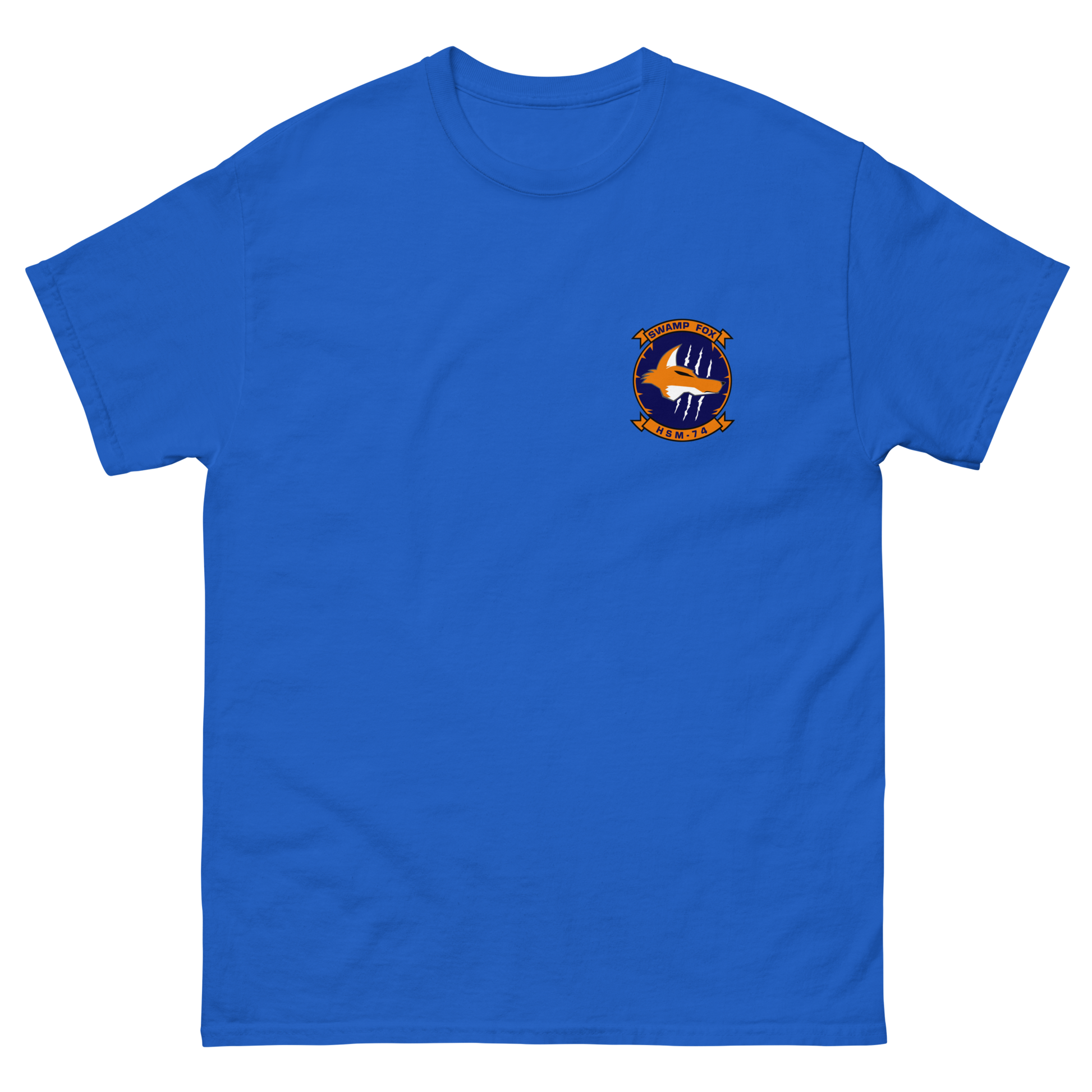 HSM-74 Swamp Foxes Squadron Crest Shirt – front view, royal