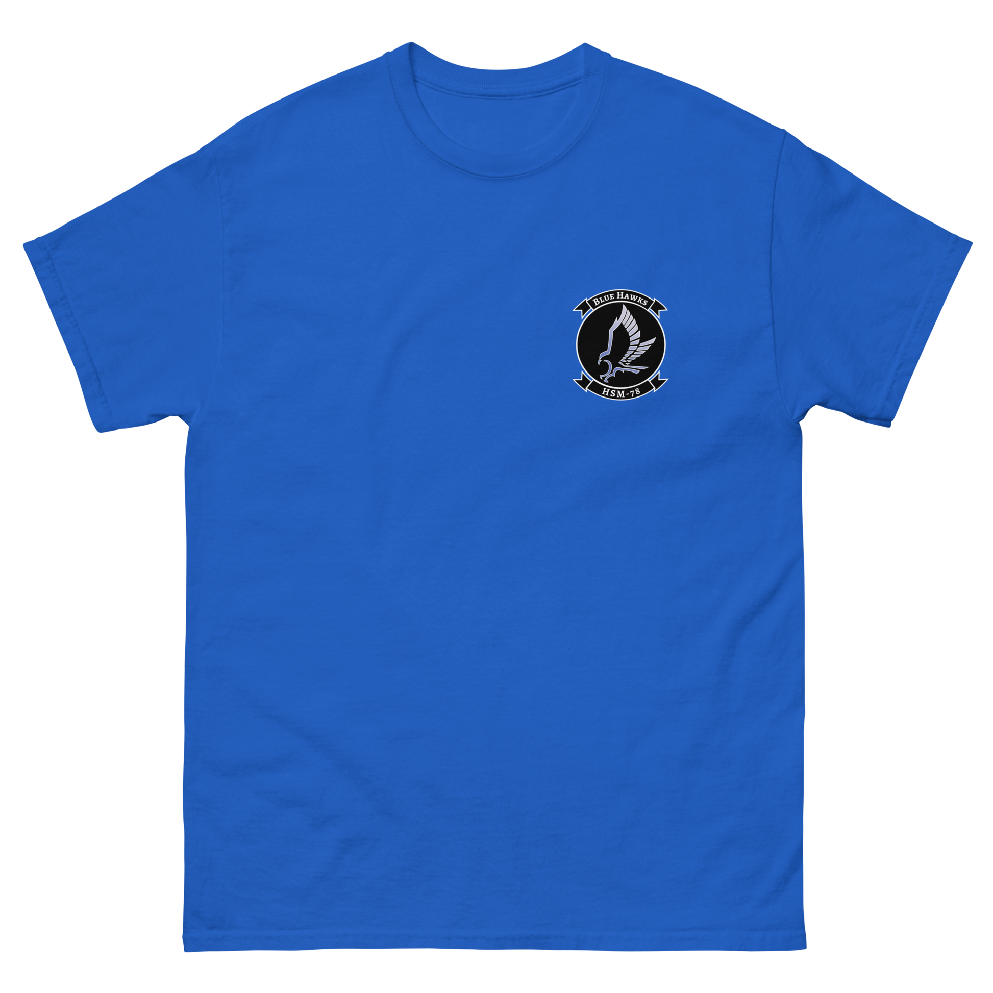 HSM-78 Blue Hawks Squadron Crest T-Shirt – front view, royal