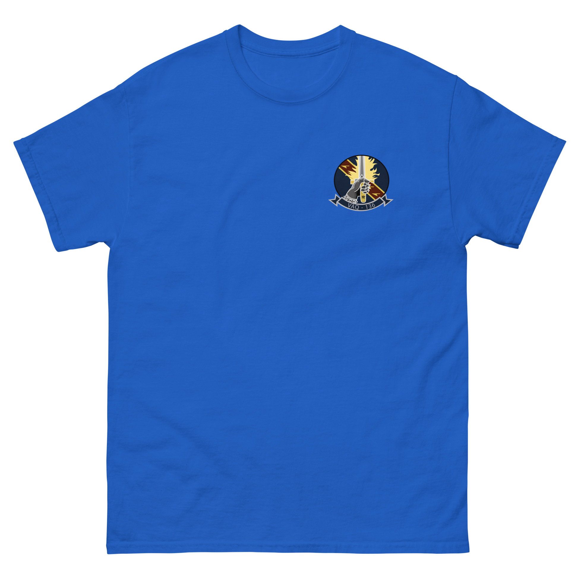 VAQ-136 Gauntlets Squadron Crest T-Shirt – front view, royal
