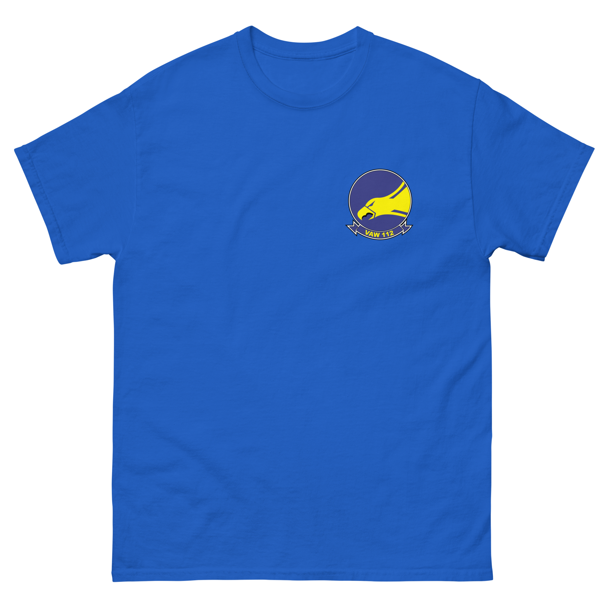 VAW-112 Golden Hawks Squadron Crest T-Shirt – front view, royal