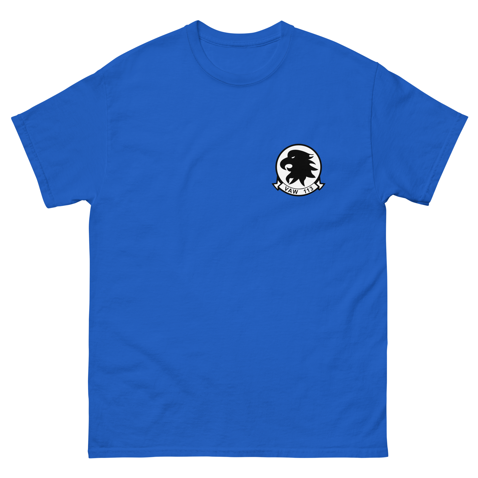 VAW-113 Black Eagles Squadron Crest T-Shirt – front view, royal