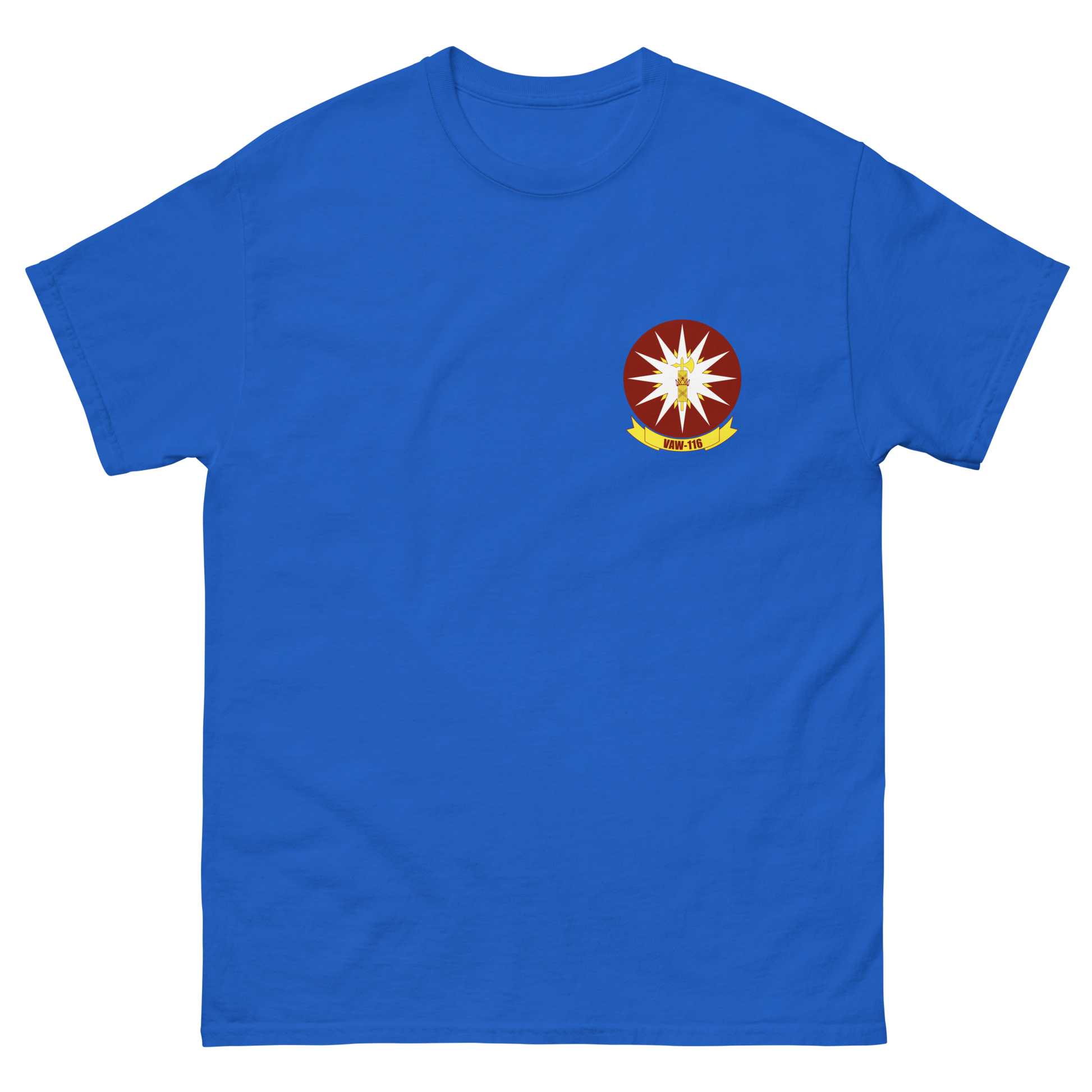 VAW-116 Sun Kings Squadron Crest T-Shirt – front view, royal