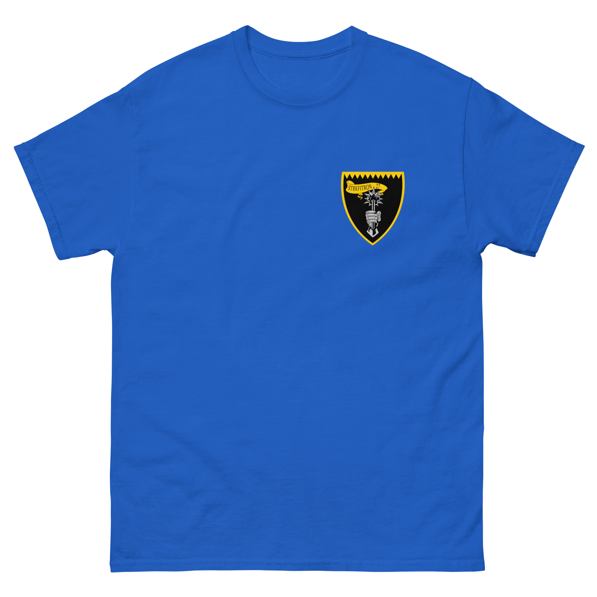 VFA-27 Royal Maces Squadron Crest T-Shirt – front view, royal
