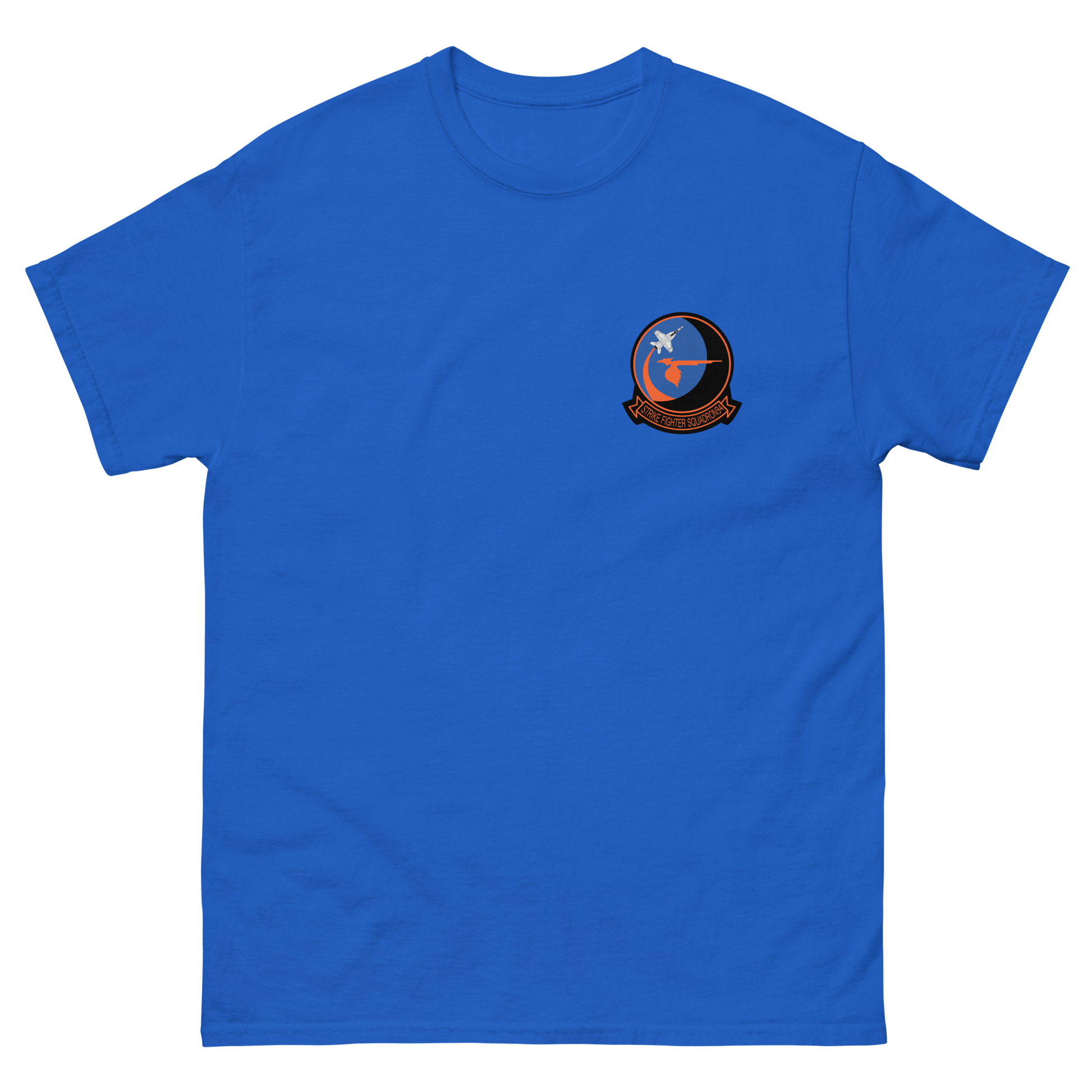 VFA-94 Mighty Shrikes Squadron Crest T-Shirt – front view, royal