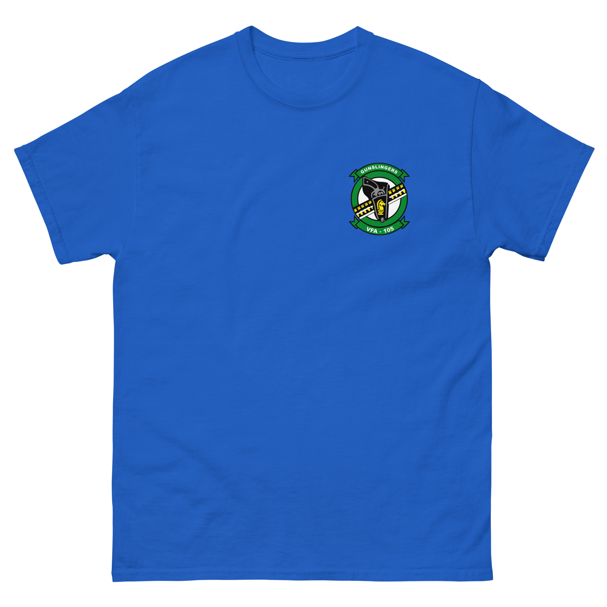 VFA-105 Gunslingers Squadron Crest T-Shirt – front view, royal