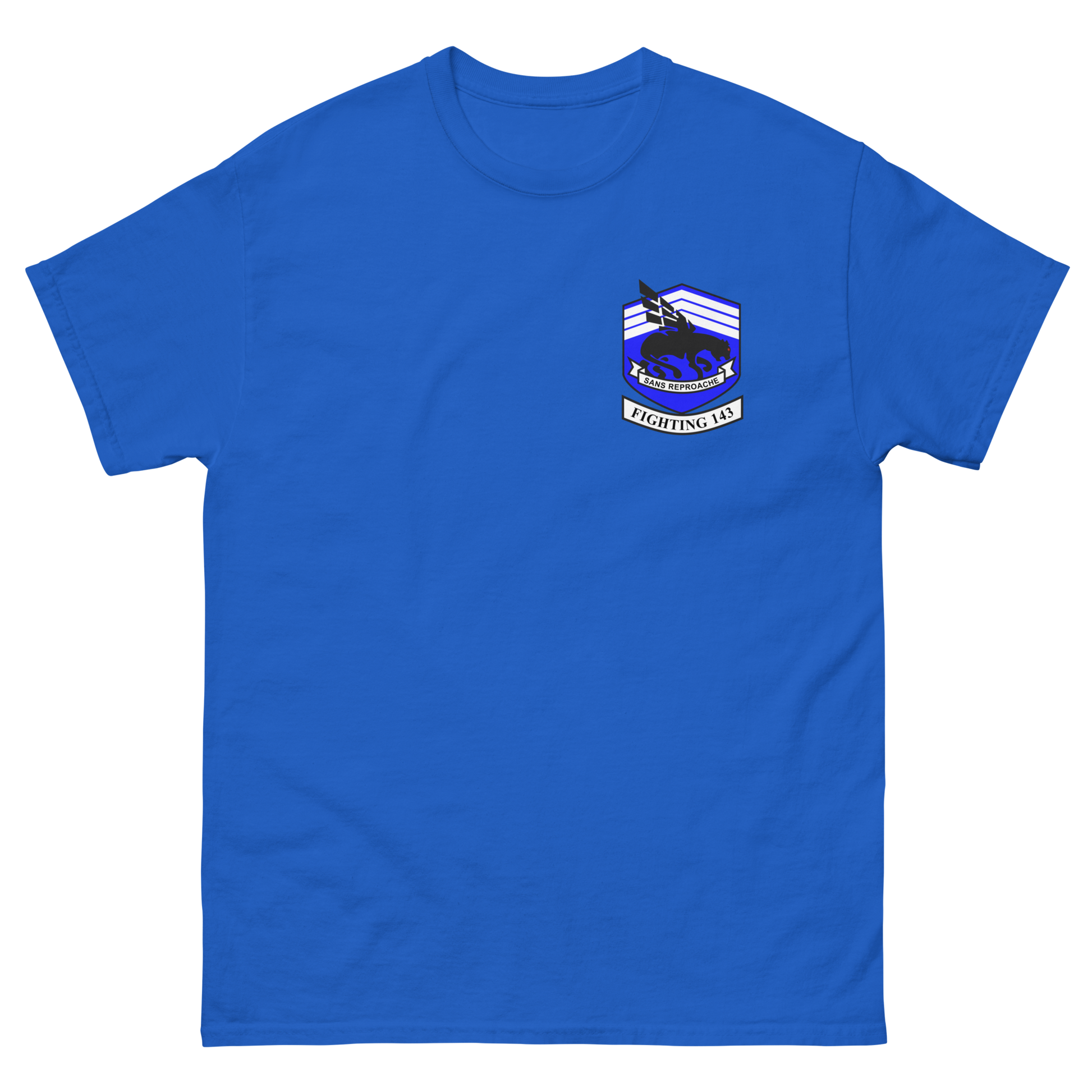 VFA-143 Pukin' Dogs Squadron Crest T-Shirt – front view, royal