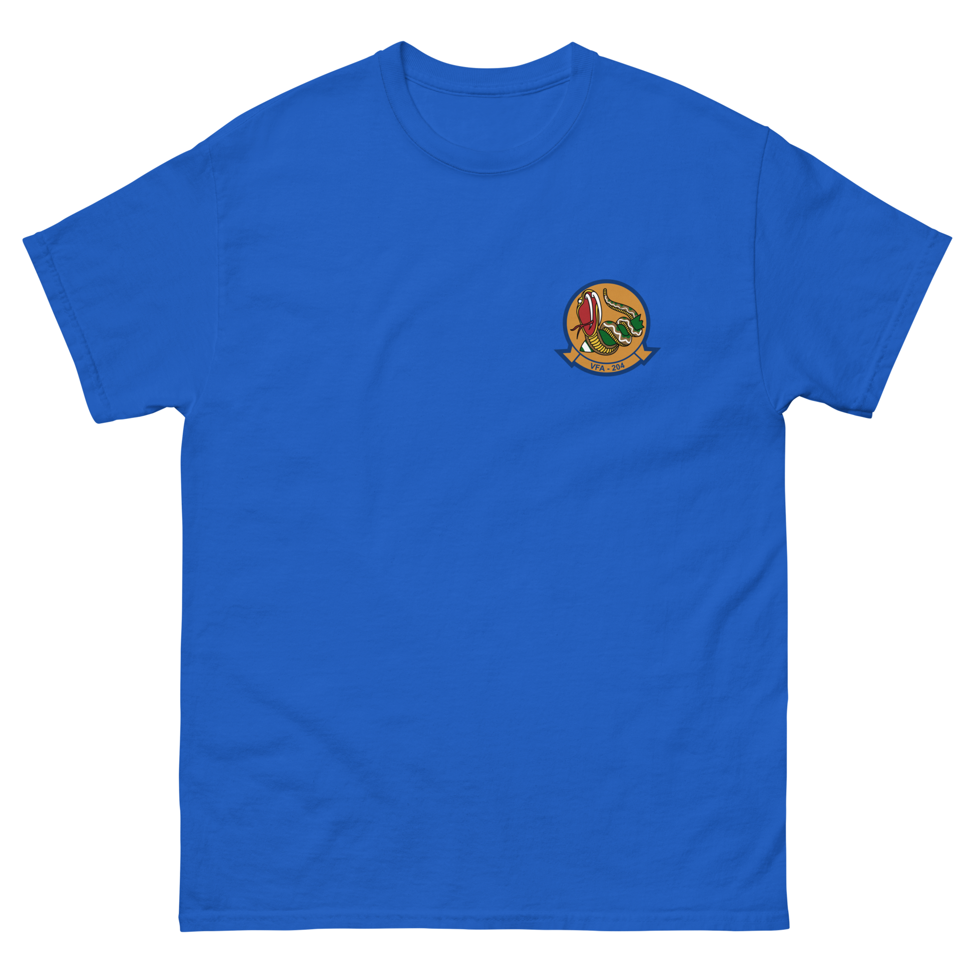 VFA-204 River Rattlers Squadron Crest T-Shirt – front view, royal
