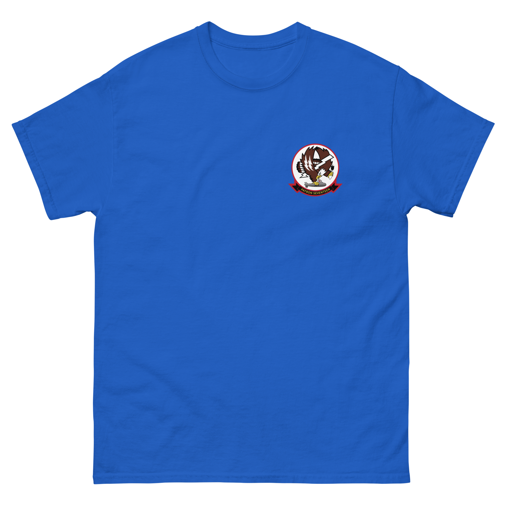 VP-17 White Lightnings Squadron Crest T-Shirt – front view, royal