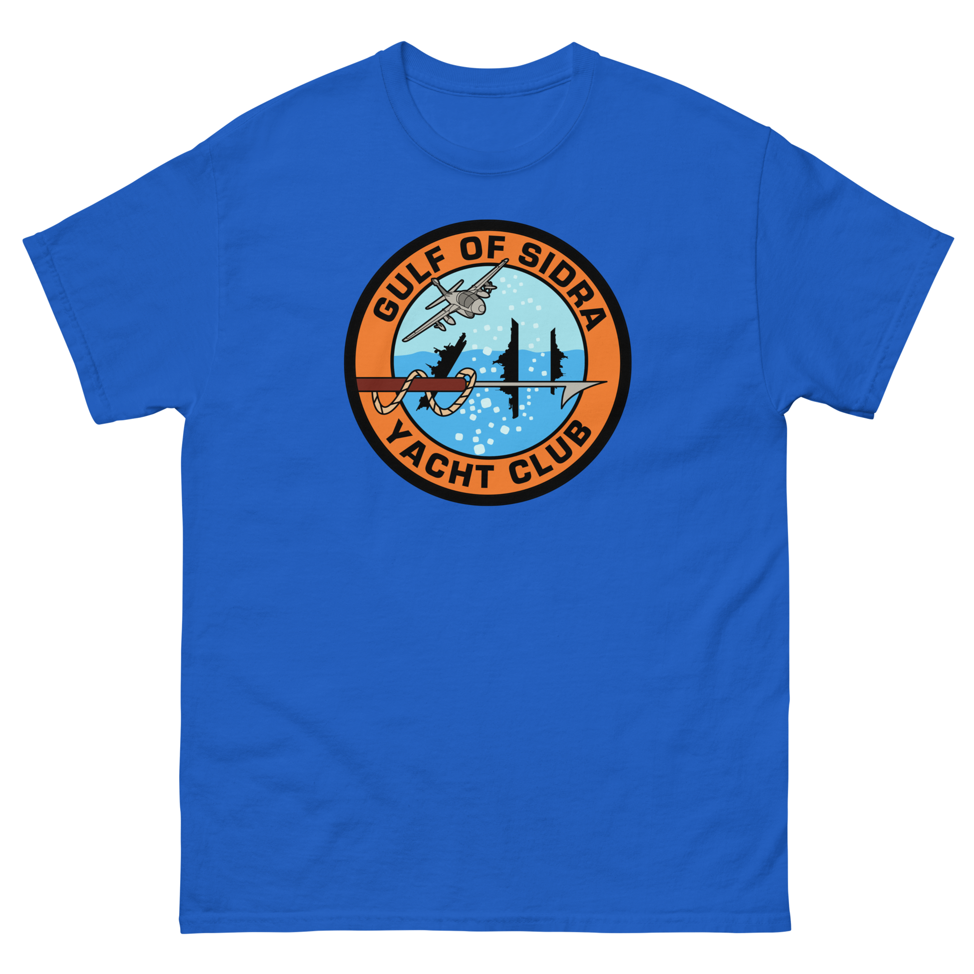 Gulf of Sidra Yacht Club T-Shirt – front view, royal