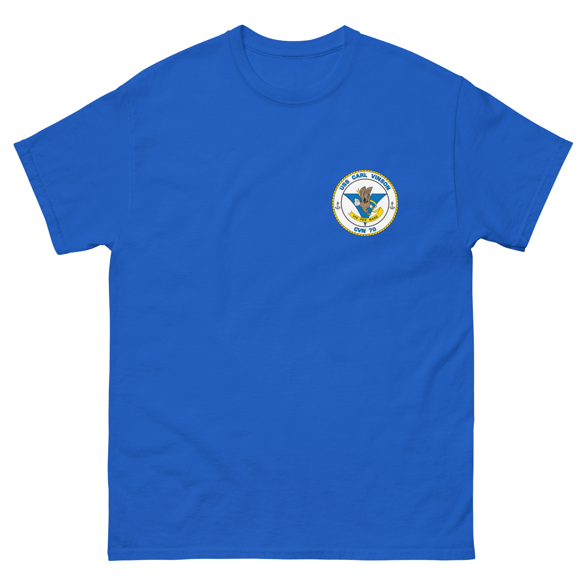 USS Carl Vinson (CVN-70) Ship's Crest Shirt – front view, royal