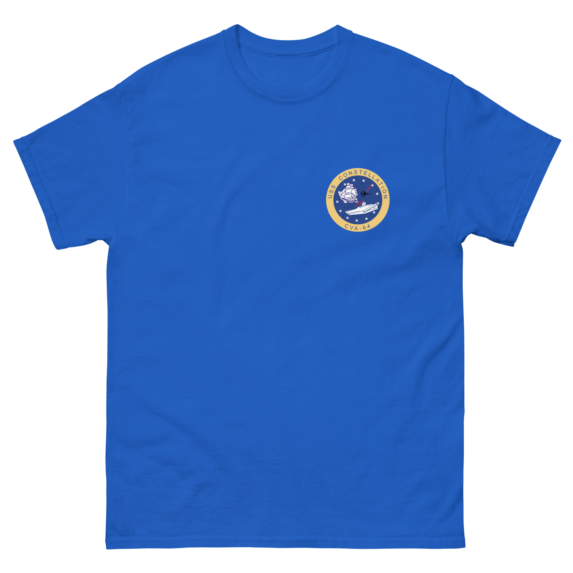 USS Constellation (CVA-64) Ship's Crest Shirt – front view, royal