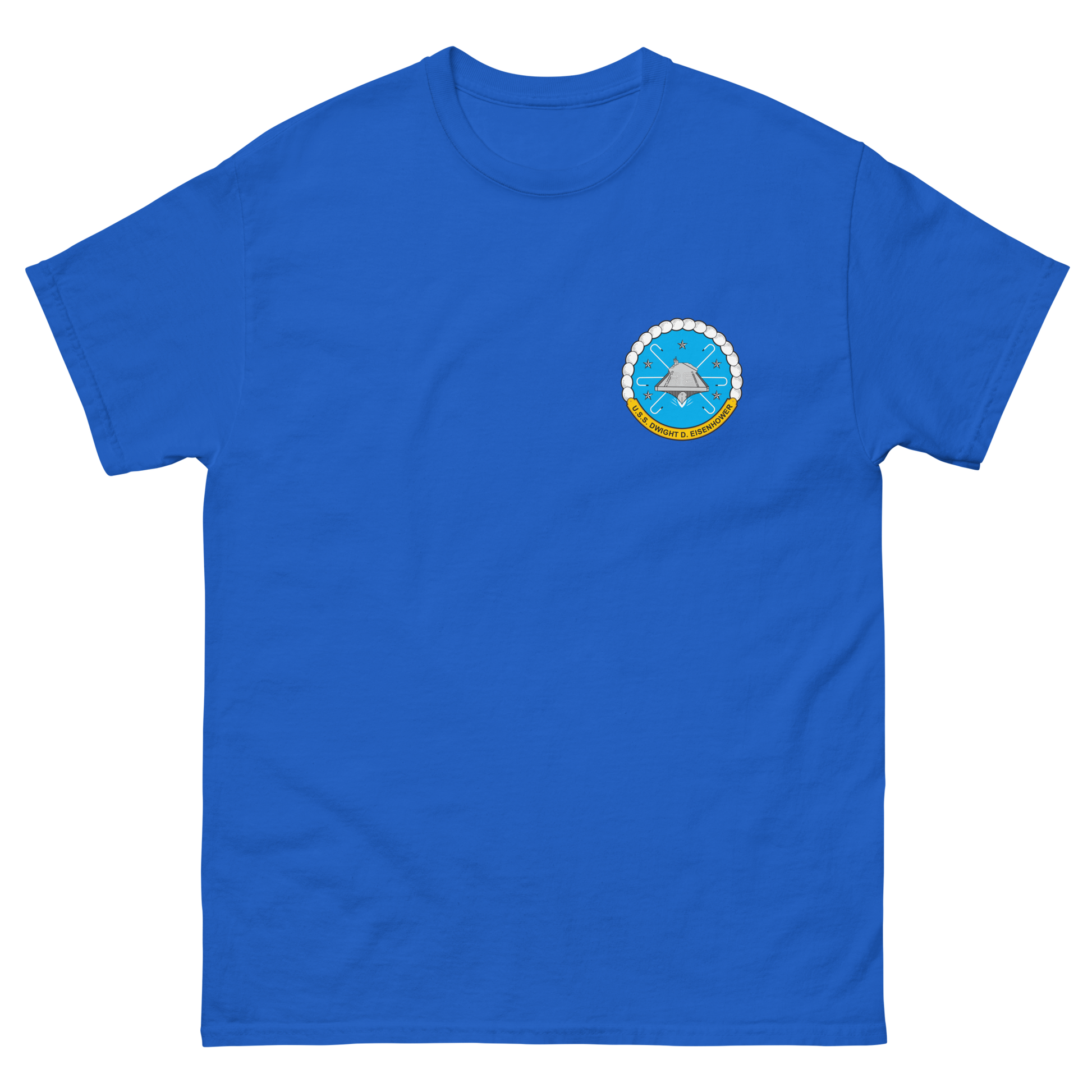 USS Dwight D. Eisenhower (CVN-69) Ship's Crest T-Shirt – front view, royal