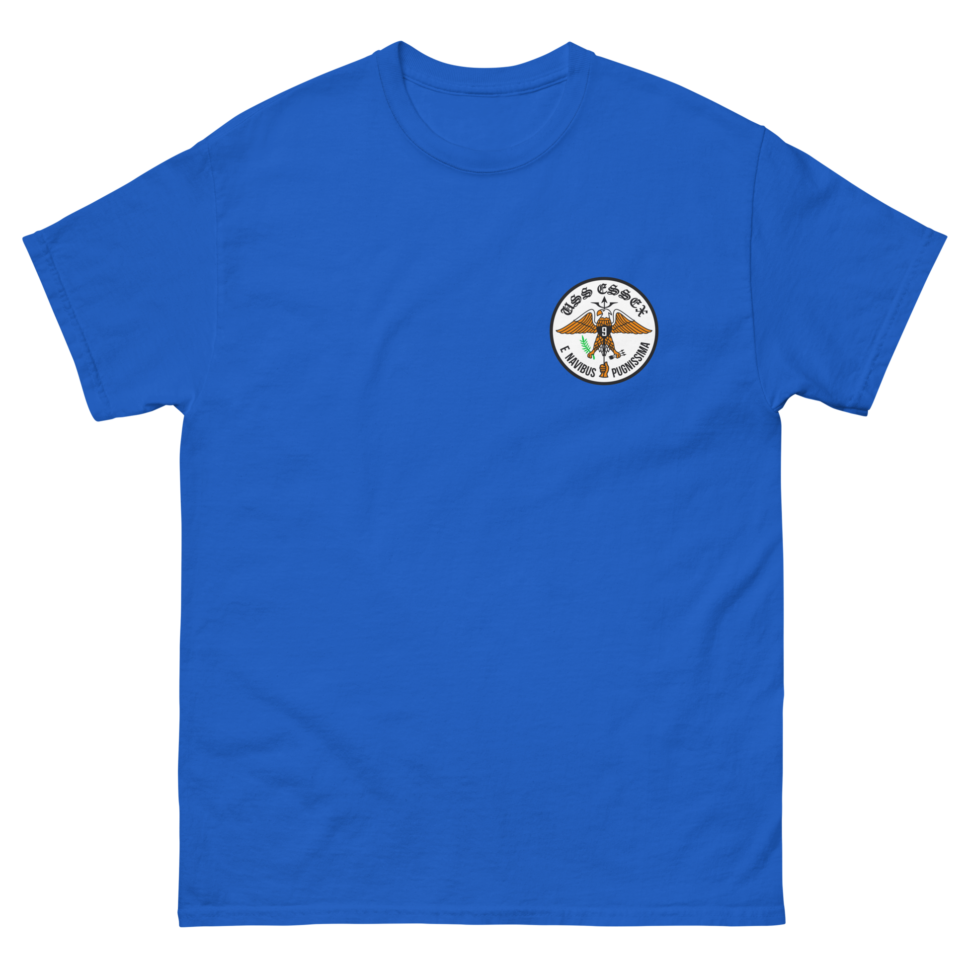 USS Essex (CVS-9) Ship's Crest T-Shirt – front view, royal