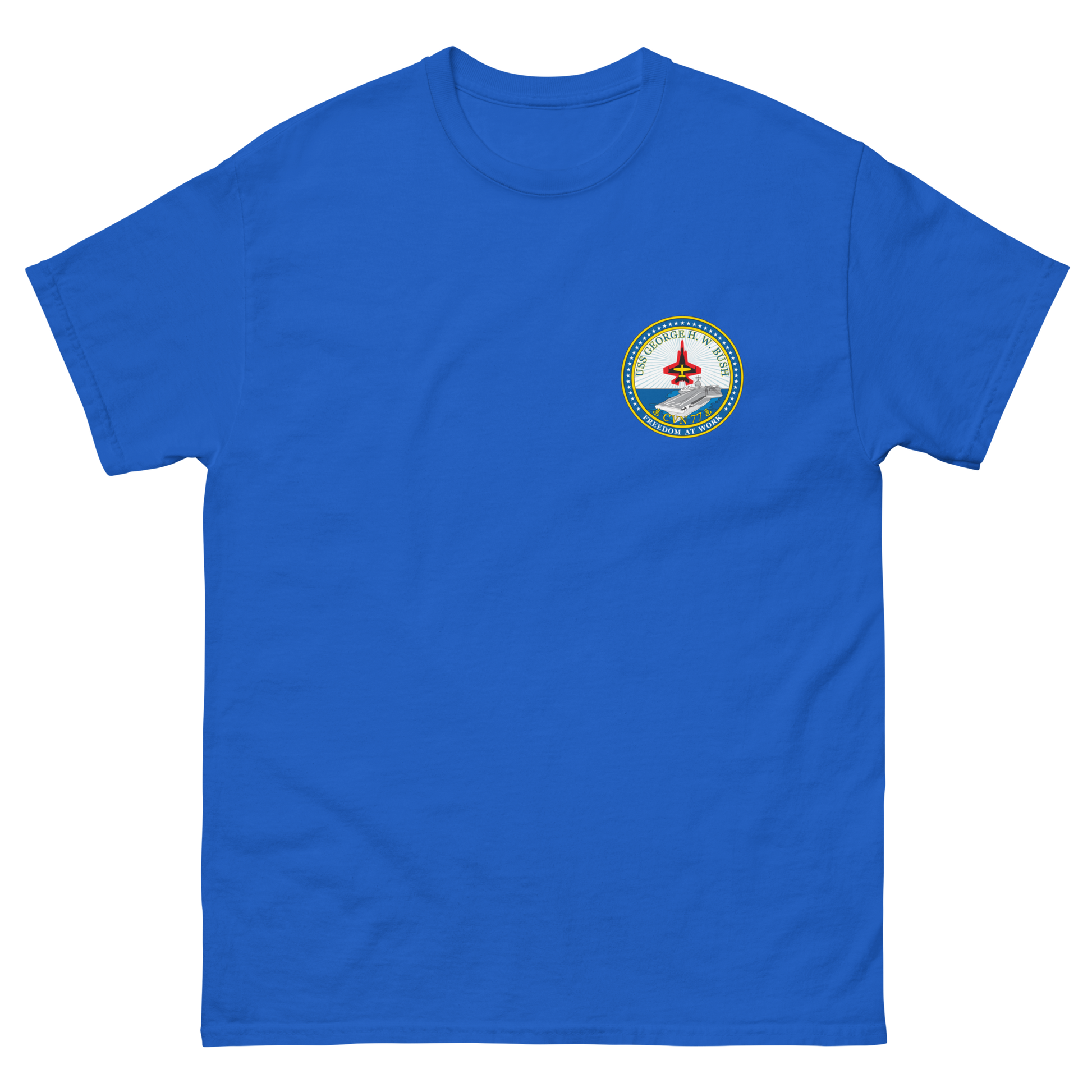 USS George H.W. Bush (CVN-77) Ship's Crest T-Shirt – front view, royal