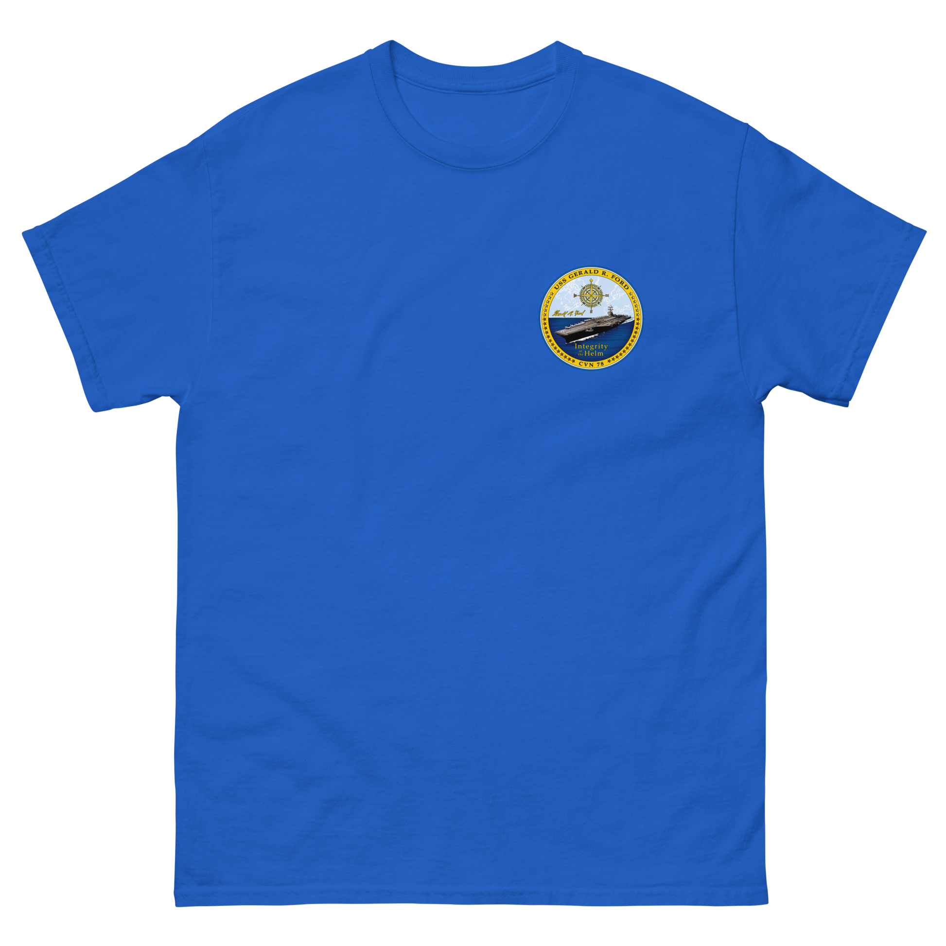 USS Gerald R. Ford (CVN-78) Ship's Crest T-Shirt – front view, royal