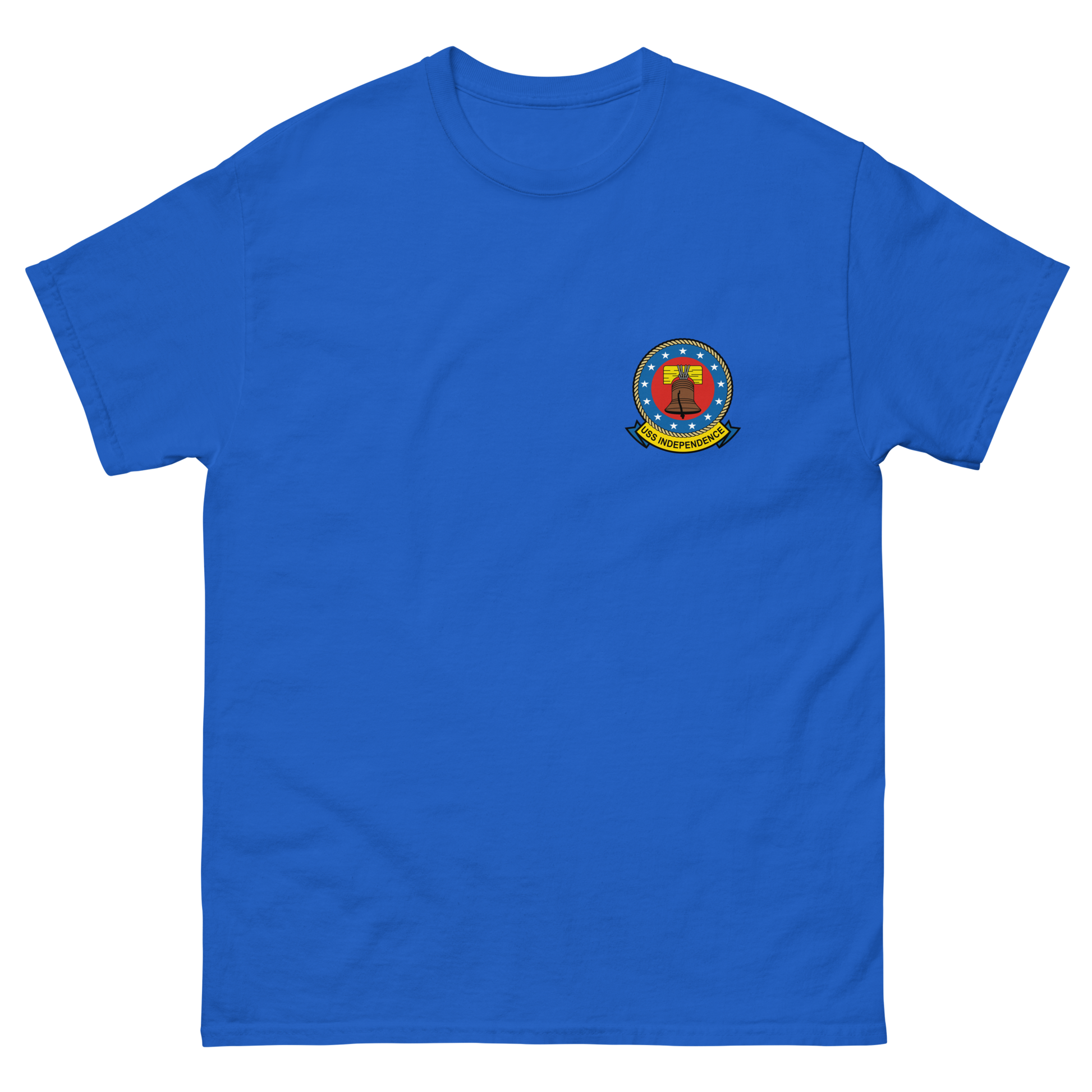 USS Independence (CVA/CV-62) Ship's Crest T-Shirt – front view, royal