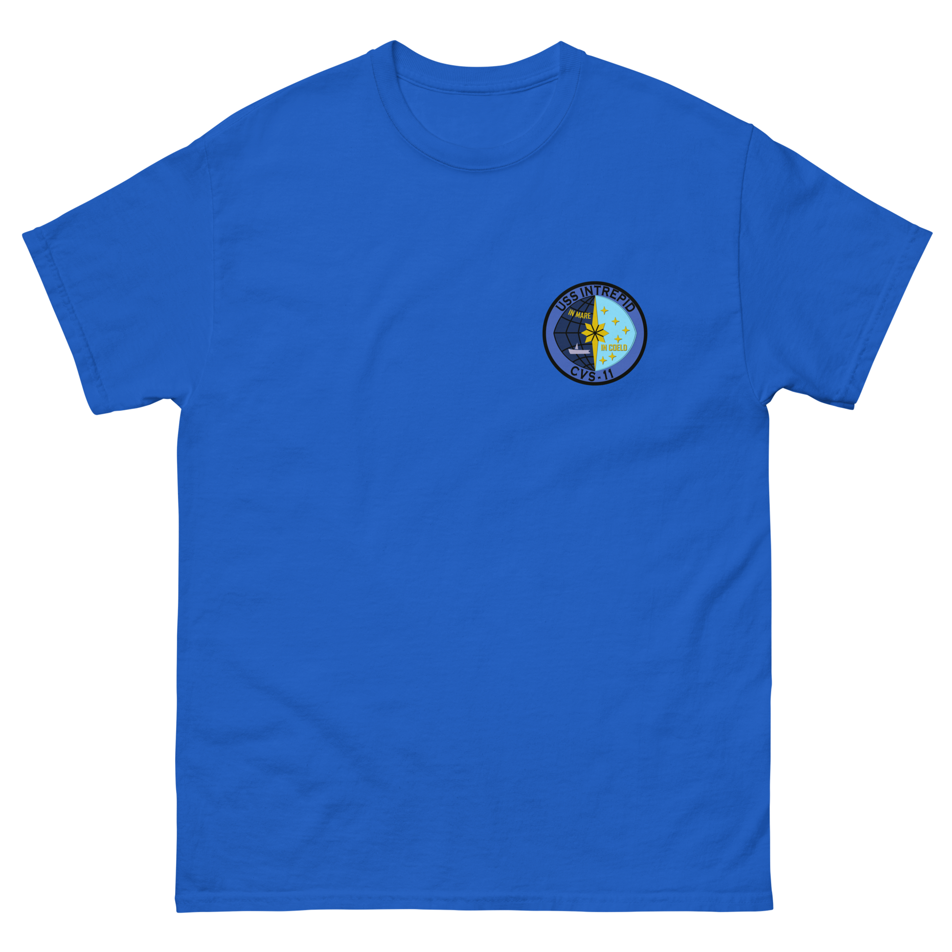 USS Intrepid (CVS-11) Ship's Crest T-Shirt – front view, royal