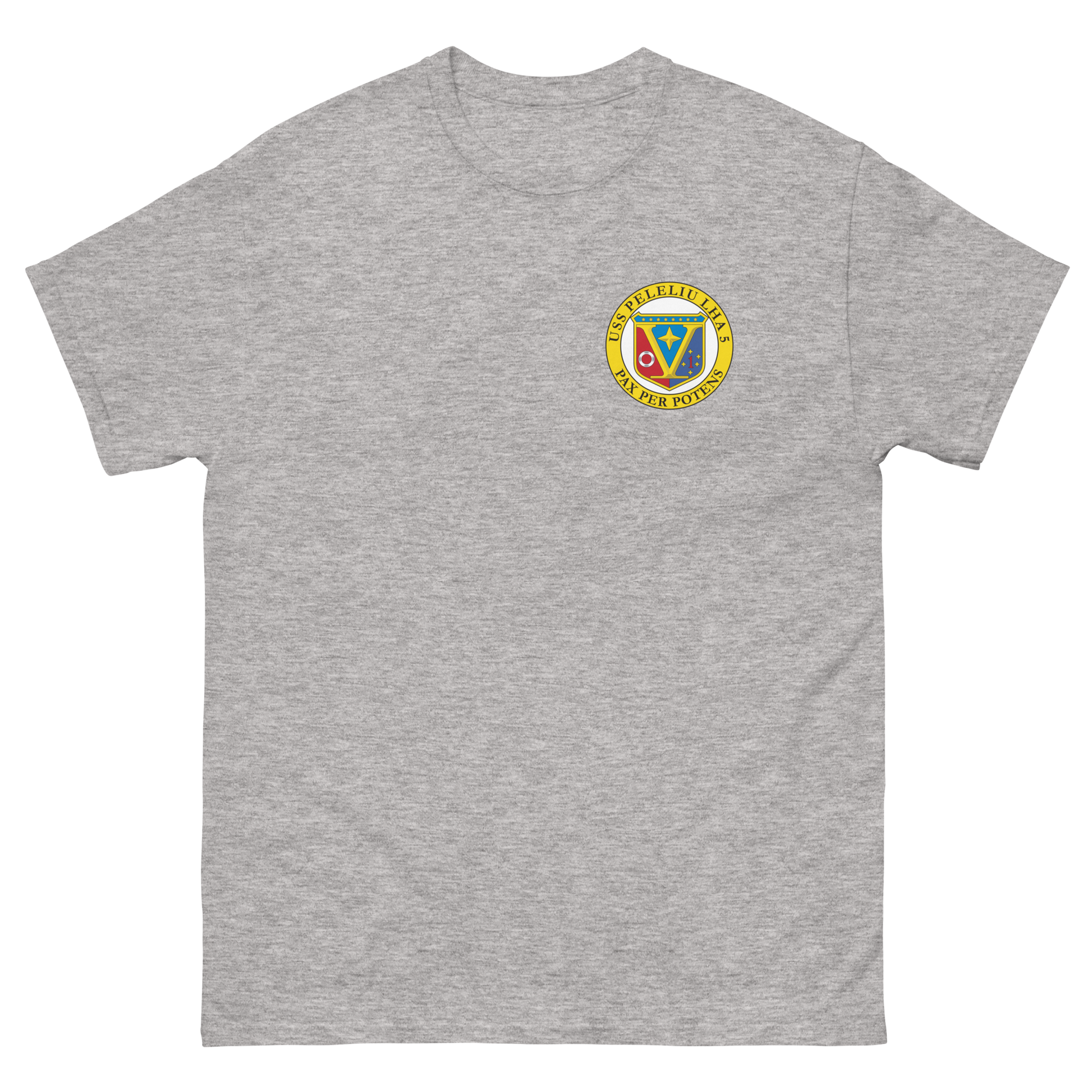 USS Peleliu (LHA-5) Ship's Crest T-Shirt – front view, grey