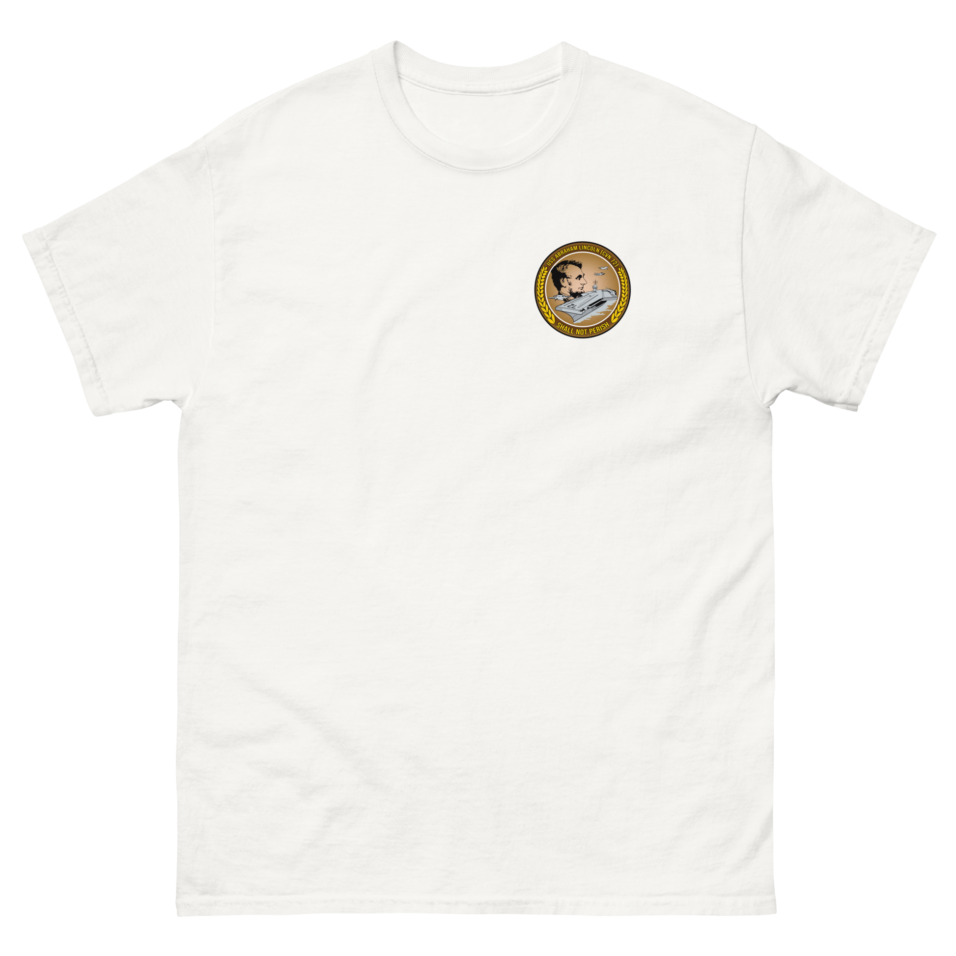 USS Abraham Lincoln (CVN-72) Ship's Crest Shirt – front view, white