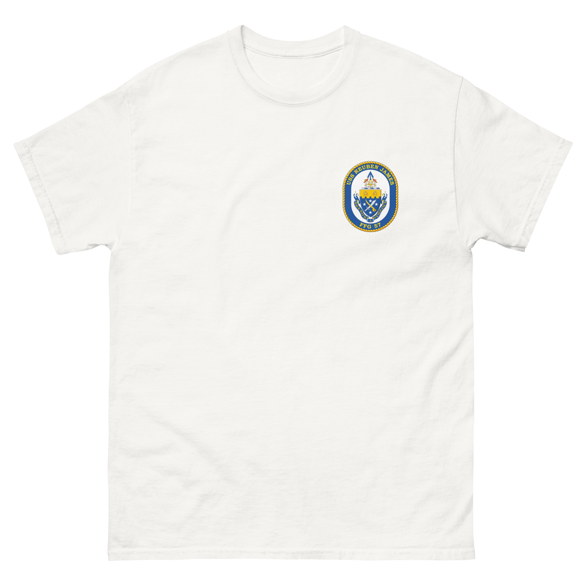 USS Reuben James (FFG-57) Ship's Crest Shirt – front view, white