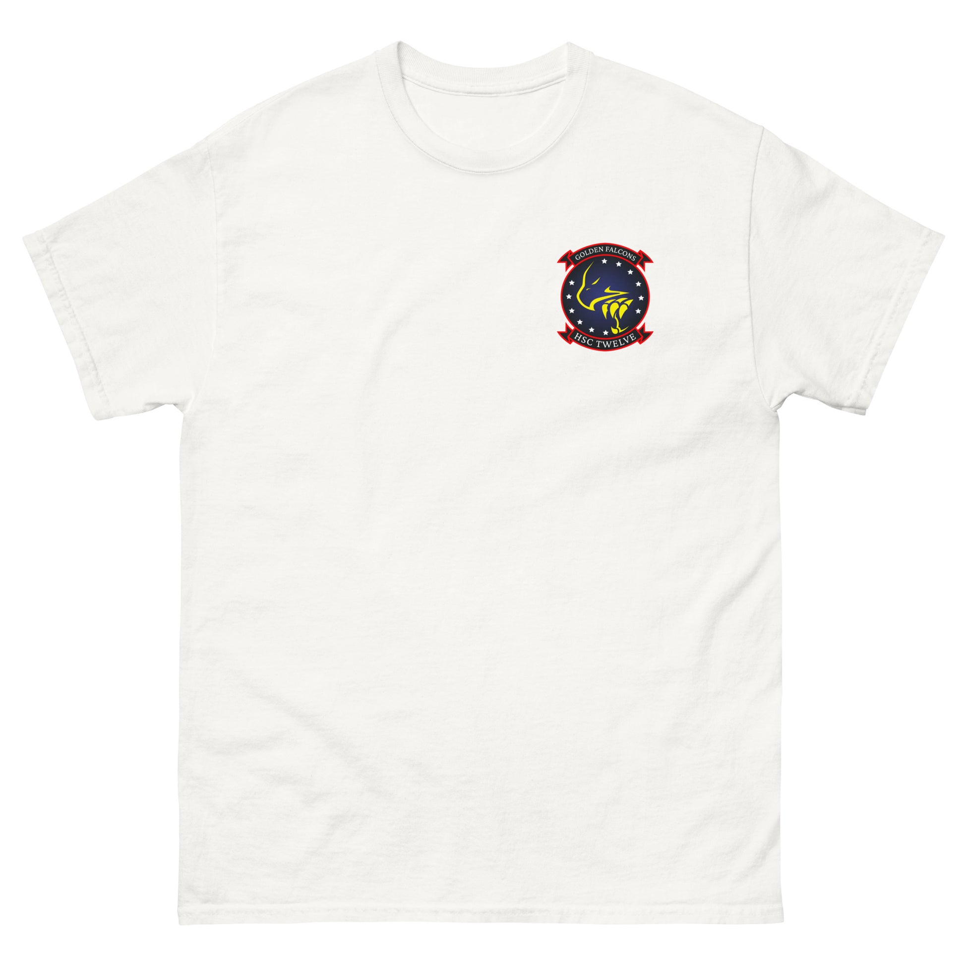 HSC-12 Golden Falcons Squadron Crest T-Shirt – front view, white
