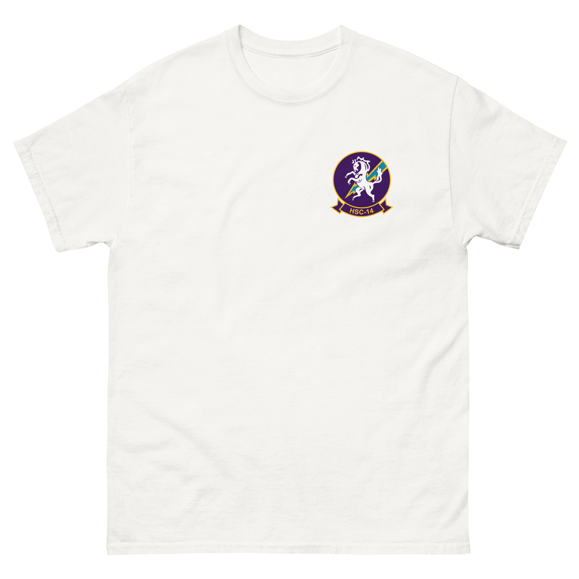 HSC-14 Chargers Squadron Crest T-Shirt – front view, white