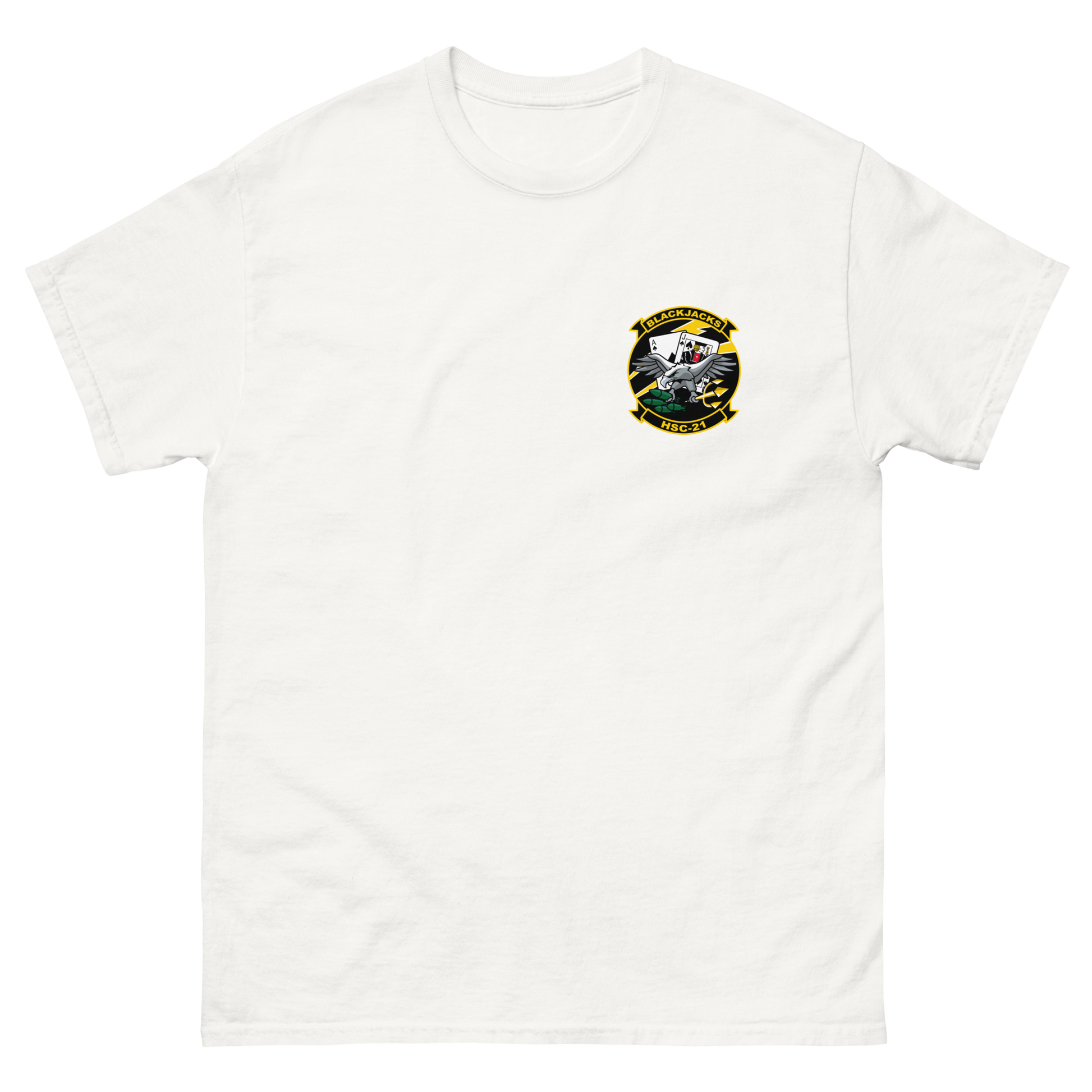 HSC-21 Blackjacks Squadron Crest T-Shirt – front view, white