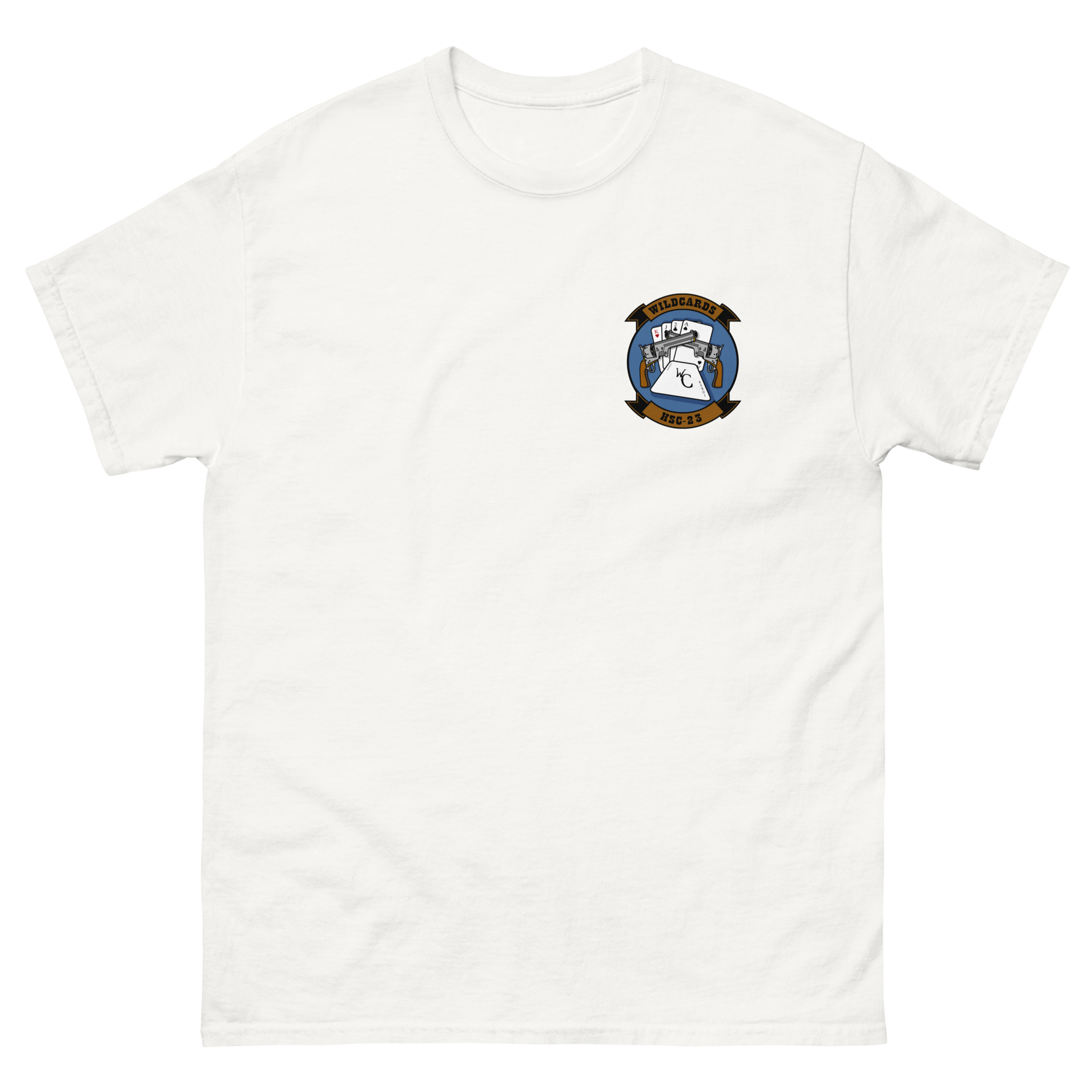 HSC-23 Wildcards Squadron Crest T-Shirt – front view, white