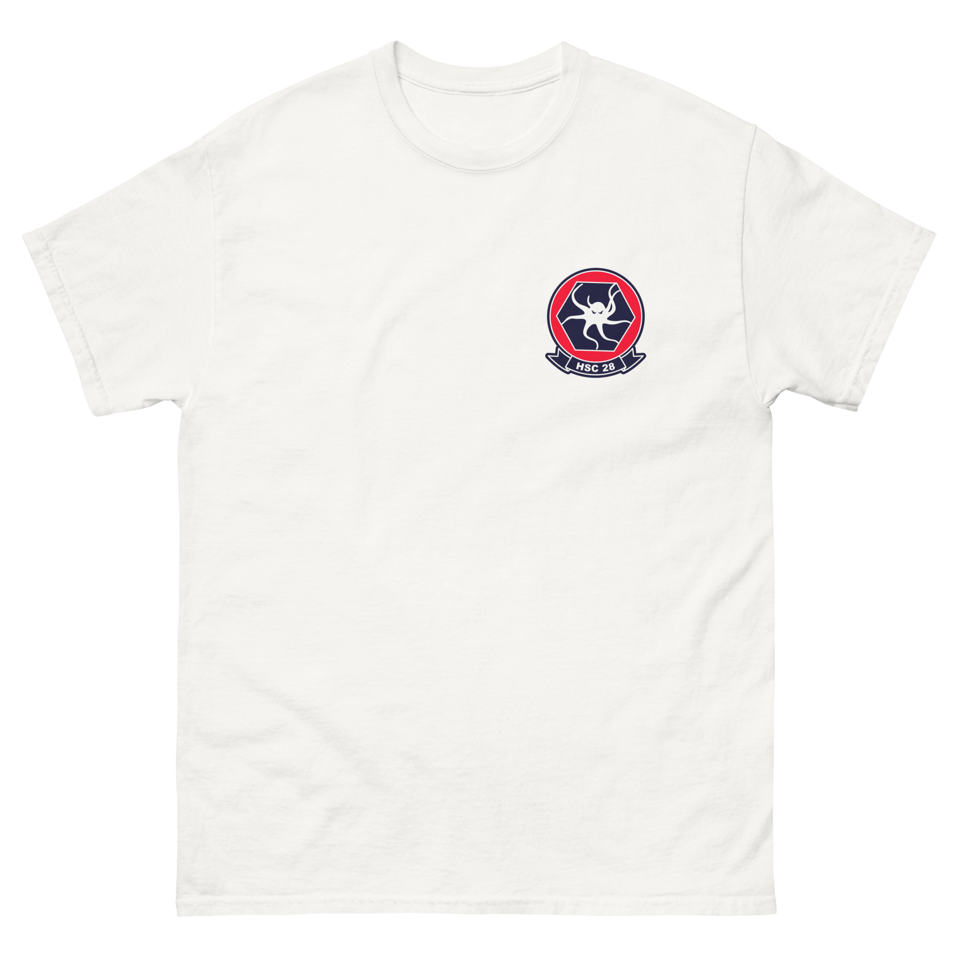 HSC-28 Dragon Whales Squadron Crest T-Shirt – front view, white