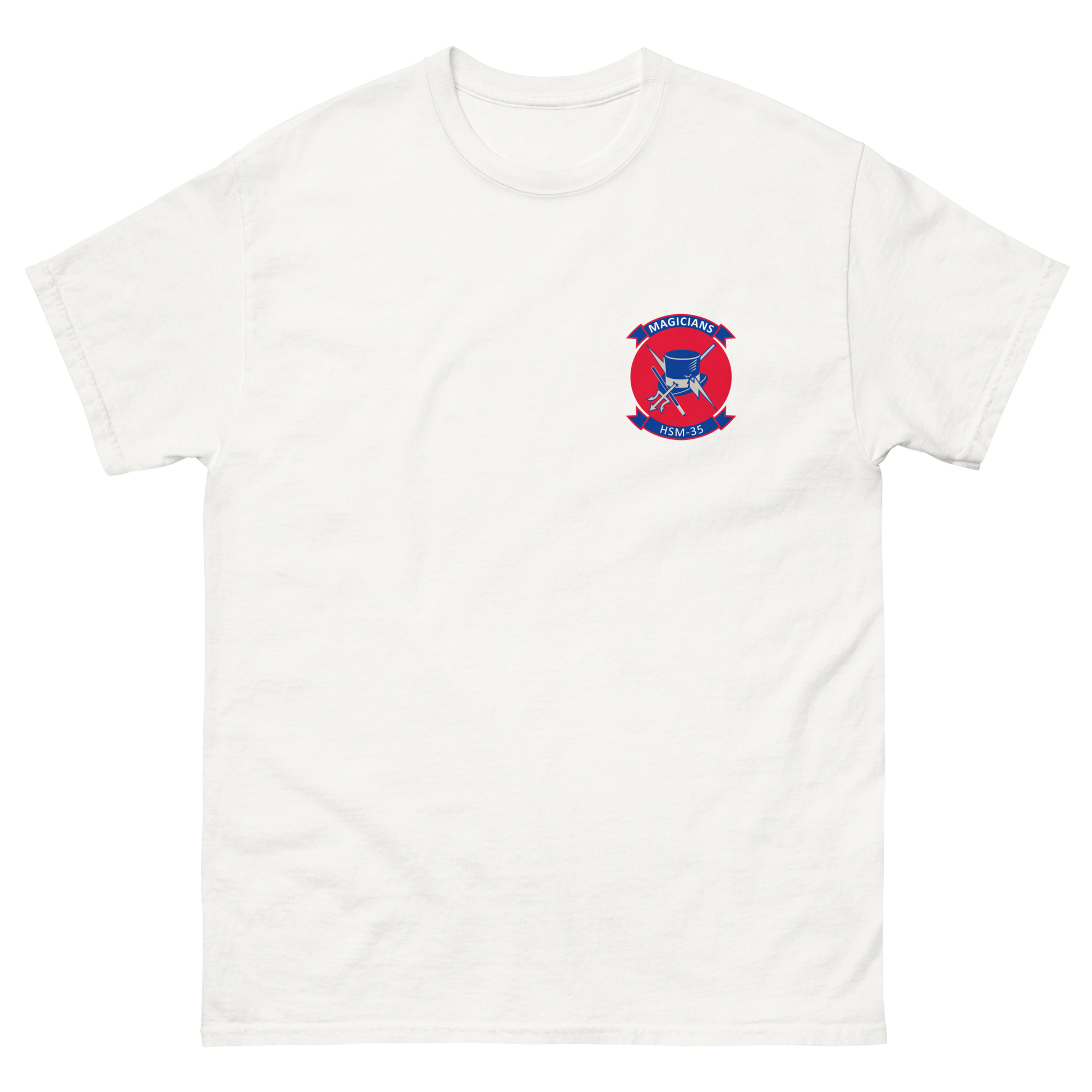HSM-35 Magicians Squadron Crest T-Shirt – front view, white