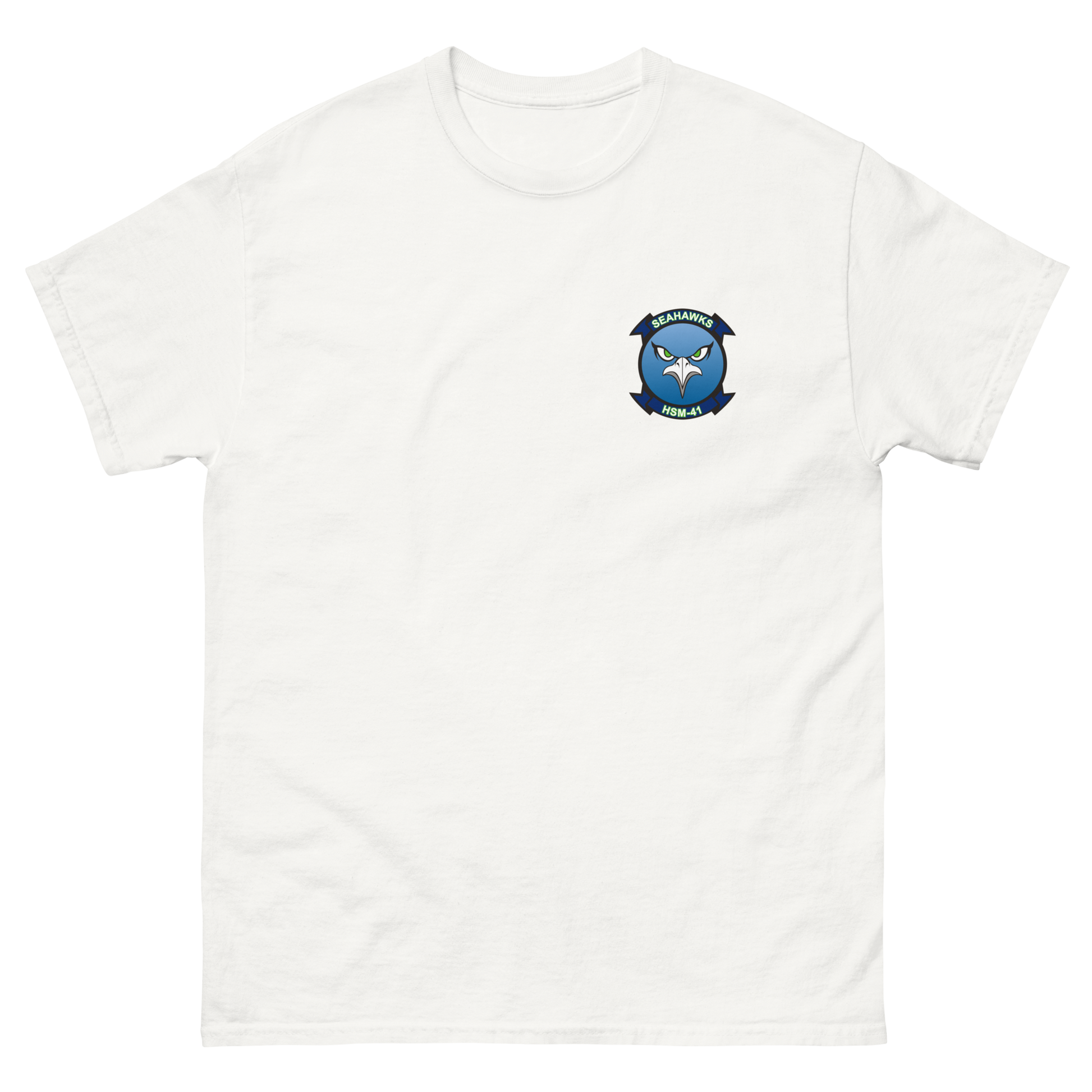 HSM-41 Seahawks Squadron Crest T-Shirt – front view, white