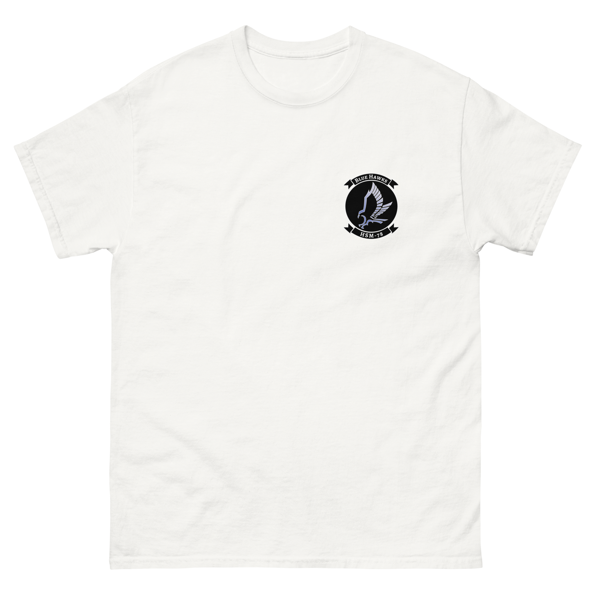 HSM-78 Blue Hawks Squadron Crest T-Shirt – front view, white