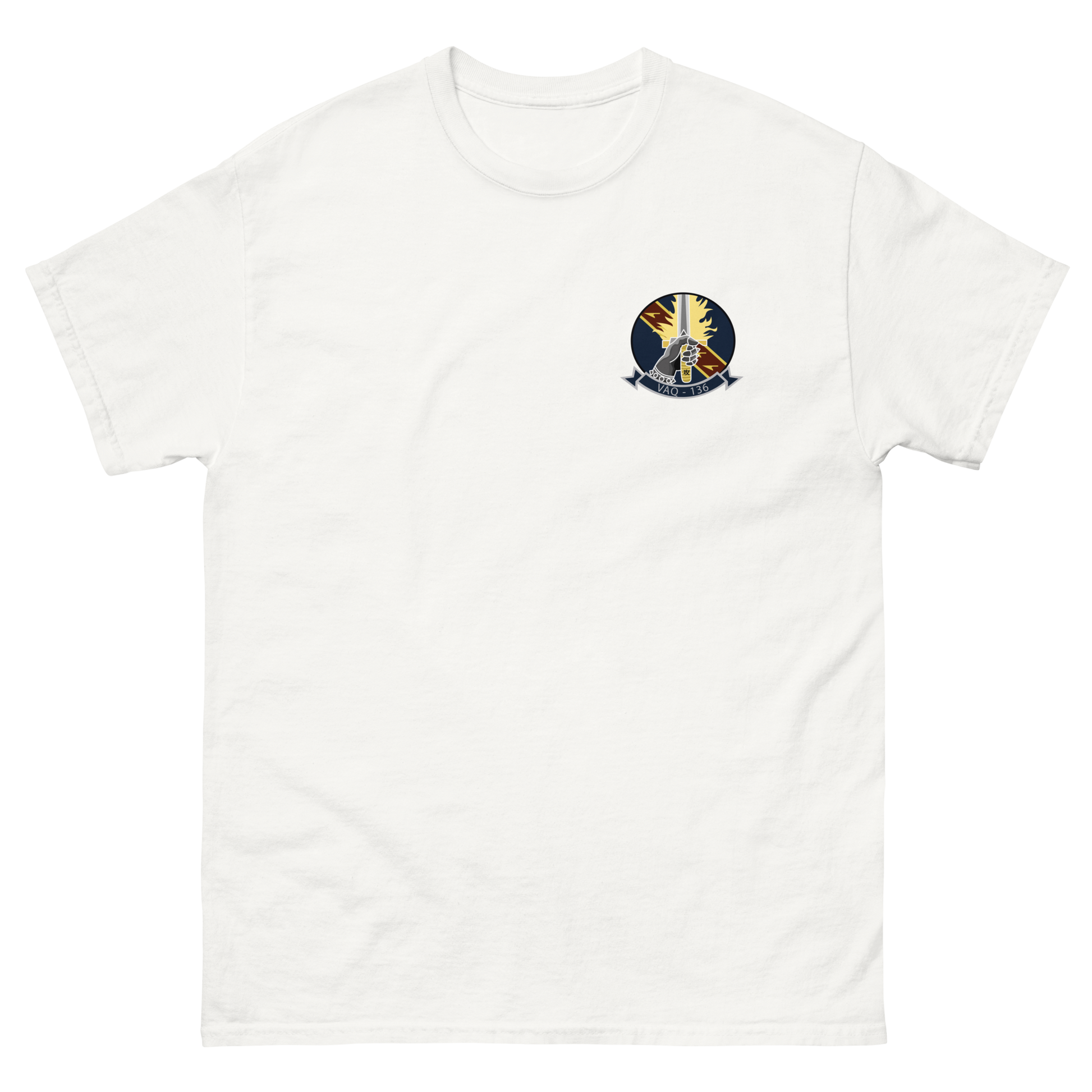 VAQ-136 Gauntlets Squadron Crest T-Shirt – front view, white