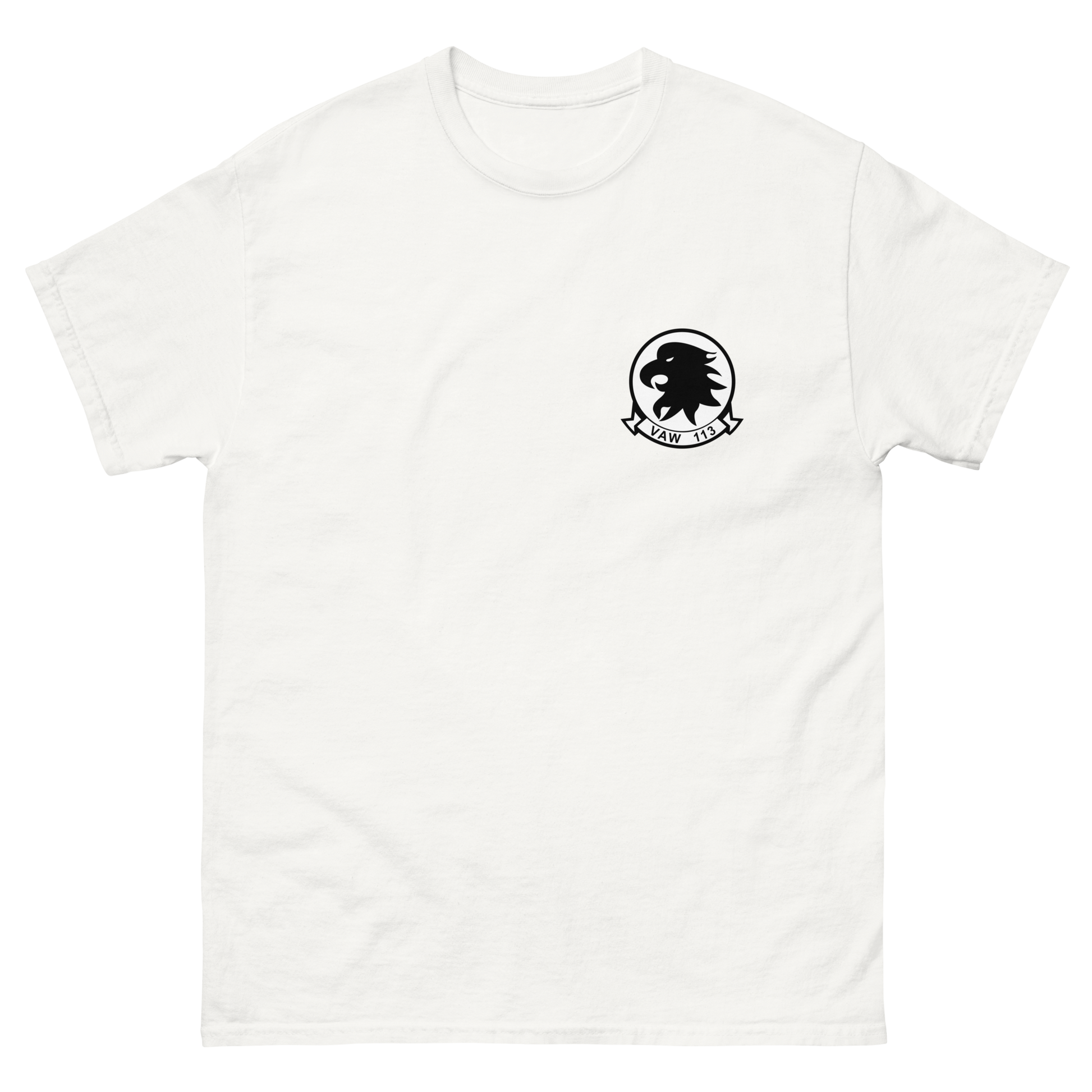 VAW-113 Black Eagles Squadron Crest T-Shirt – front view, white