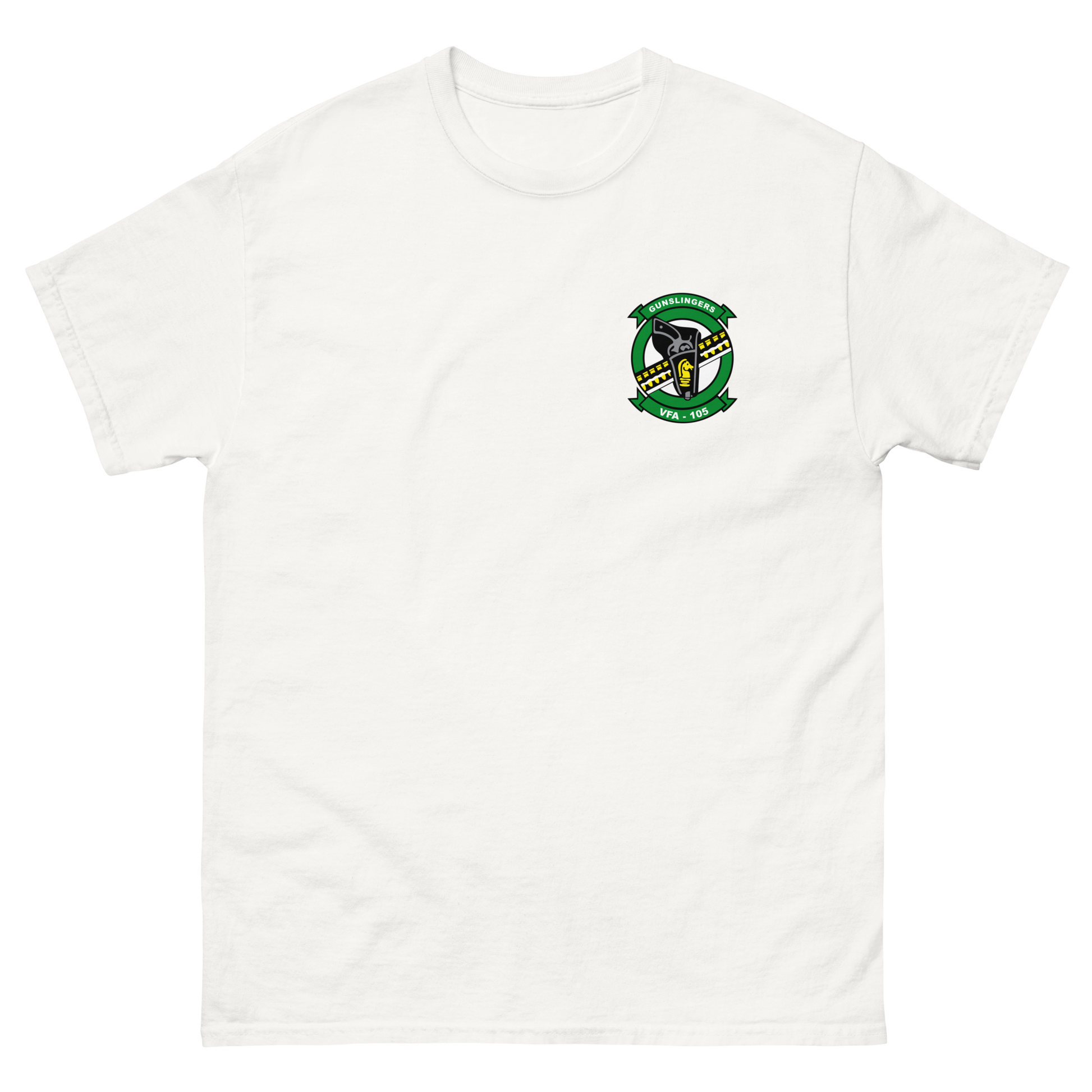 VFA-105 Gunslingers Squadron Crest T-Shirt – front view, white