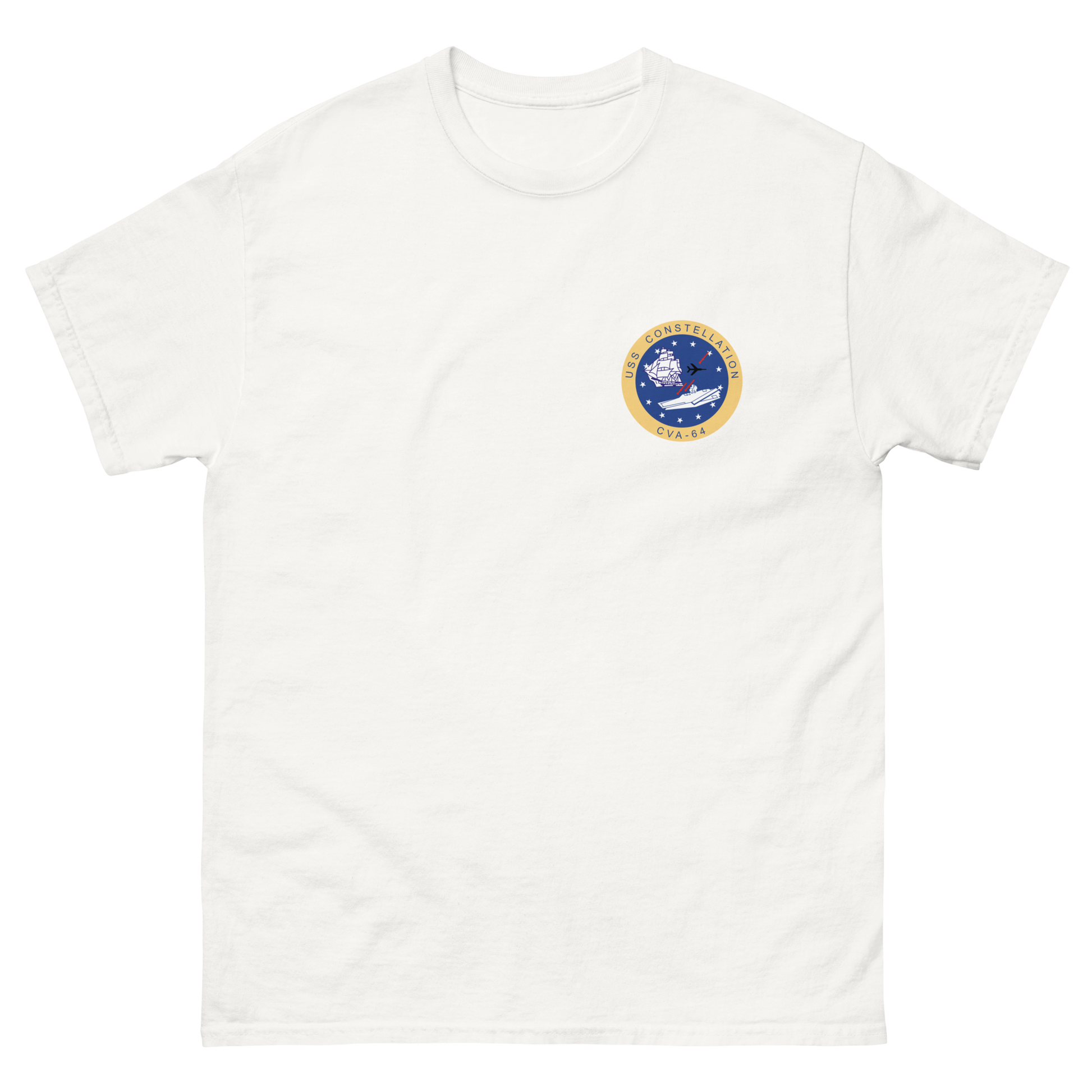 USS Constellation (CVA-64) Ship's Crest Shirt – front view, white