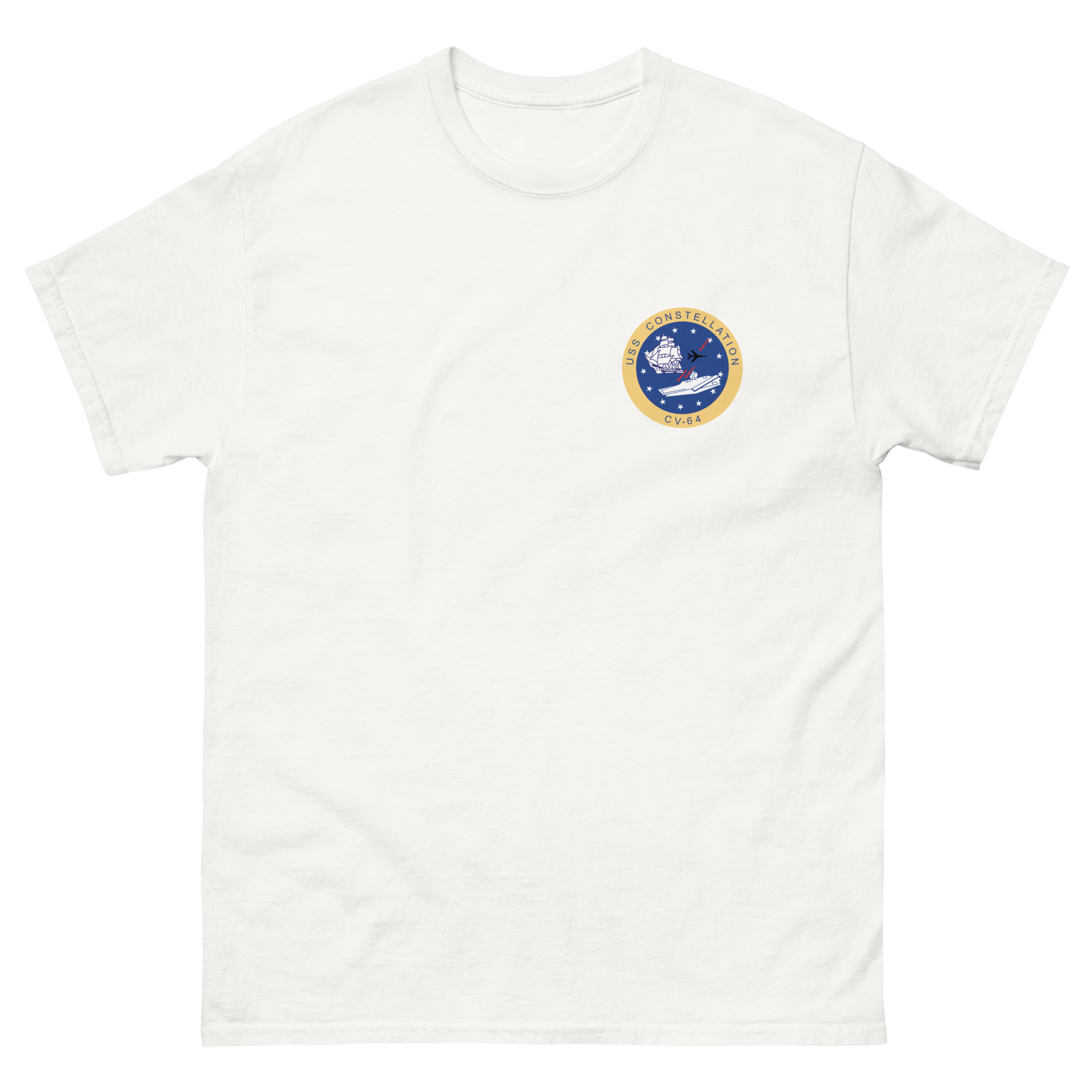 USS Constellation (CV-64) Ship's Crest T-Shirt – front view, white