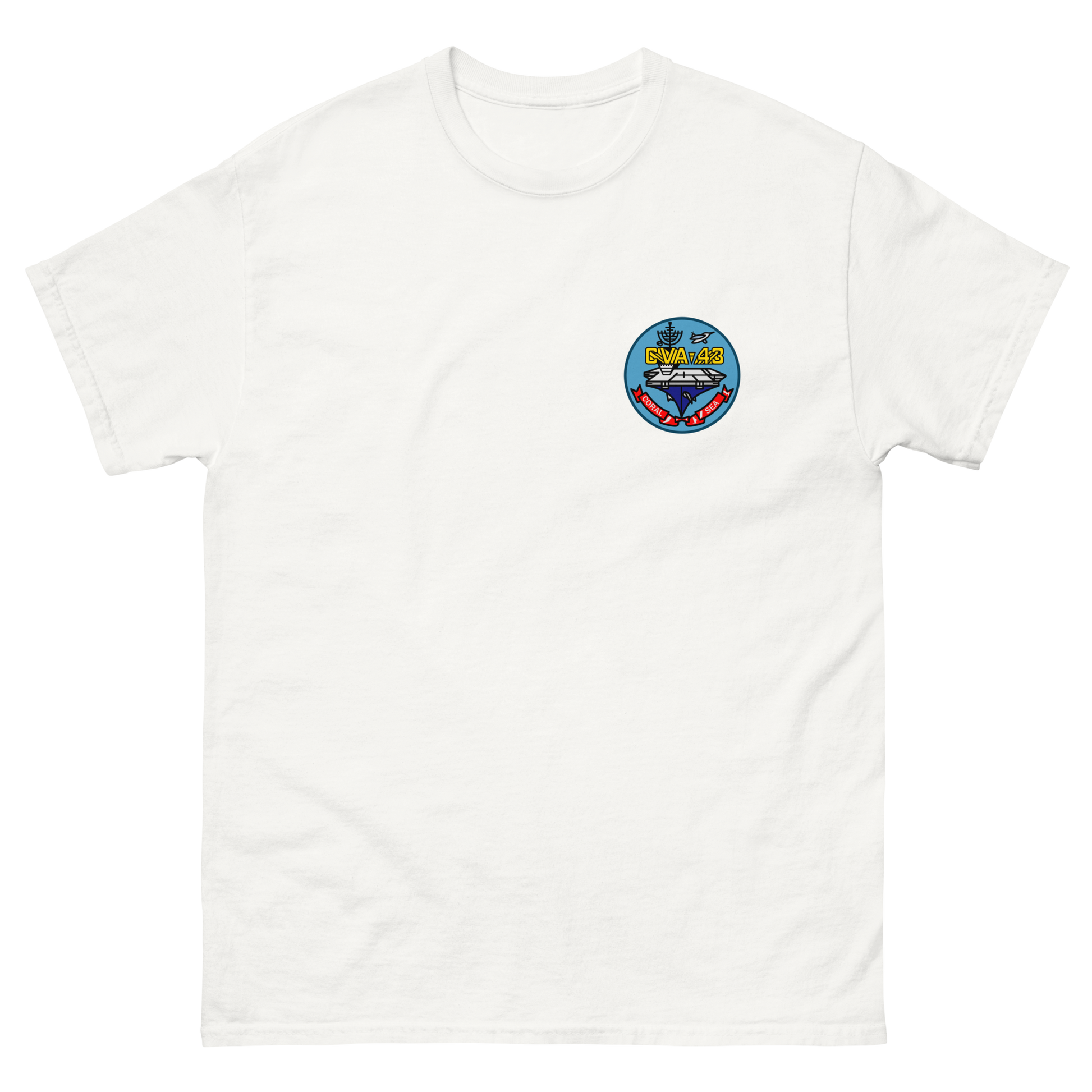 USS Coral Sea (CVA-43) Ship's Crest T-Shirt – front view, white