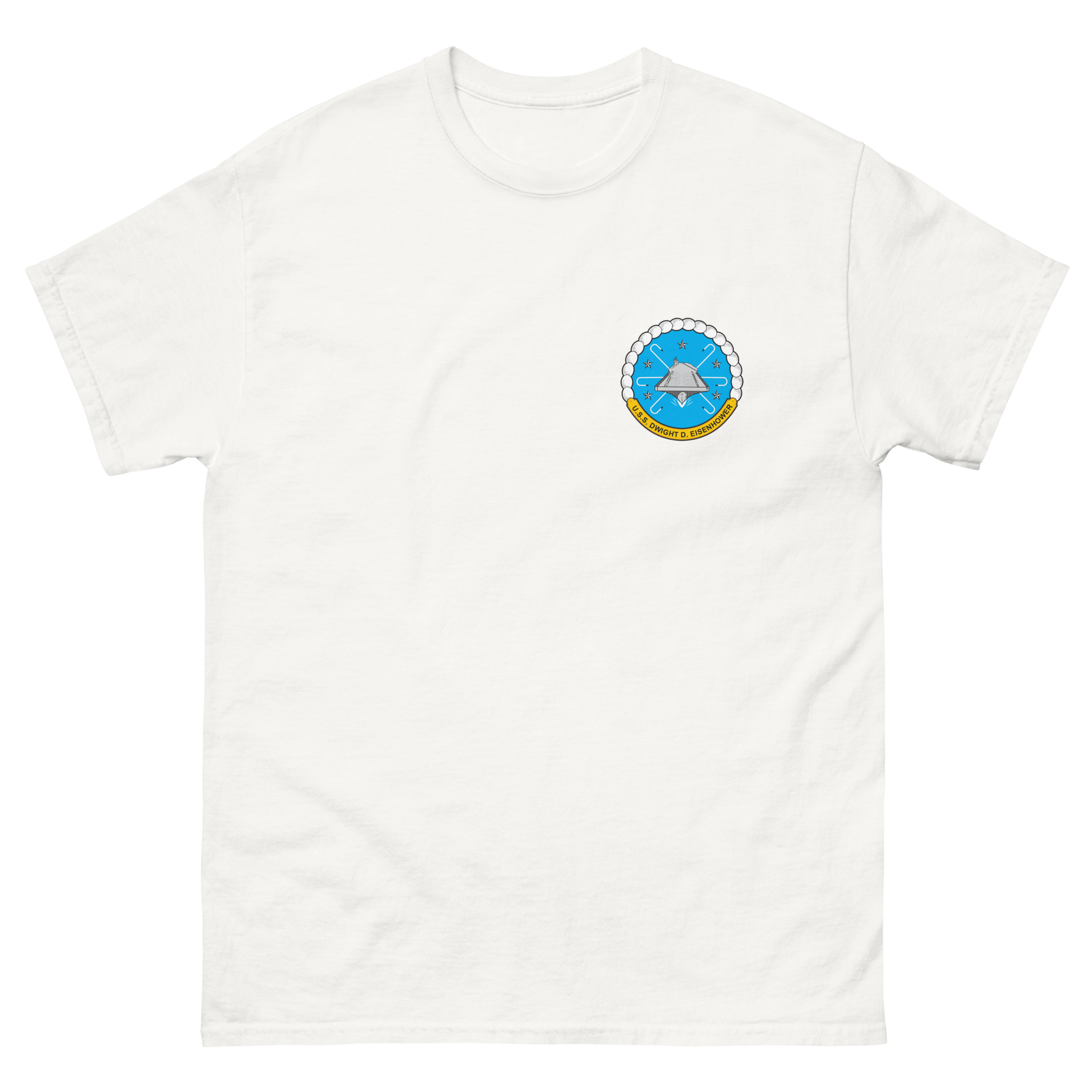 USS Dwight D. Eisenhower (CVN-69) Ship's Crest T-Shirt – front view, white