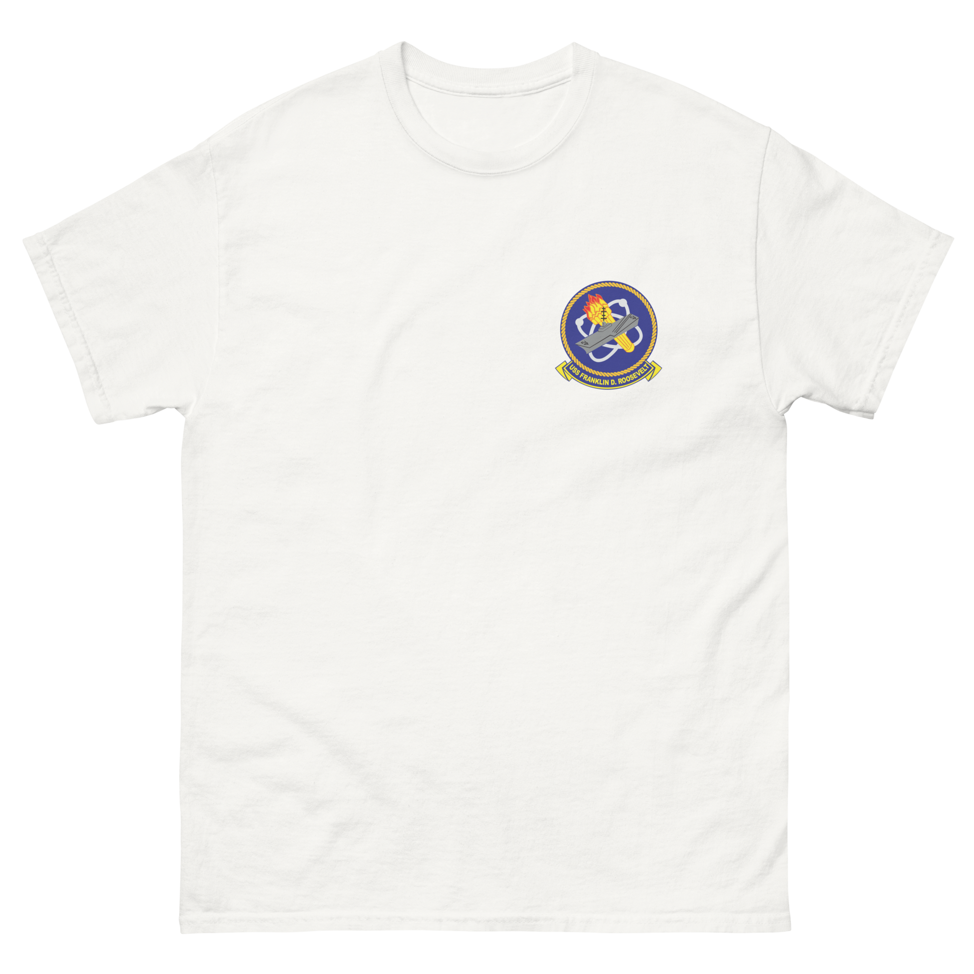 USS Franklin D. Roosevelt (CVB/CVA/CV-42) Ship's Crest T-Shirt – front view, white