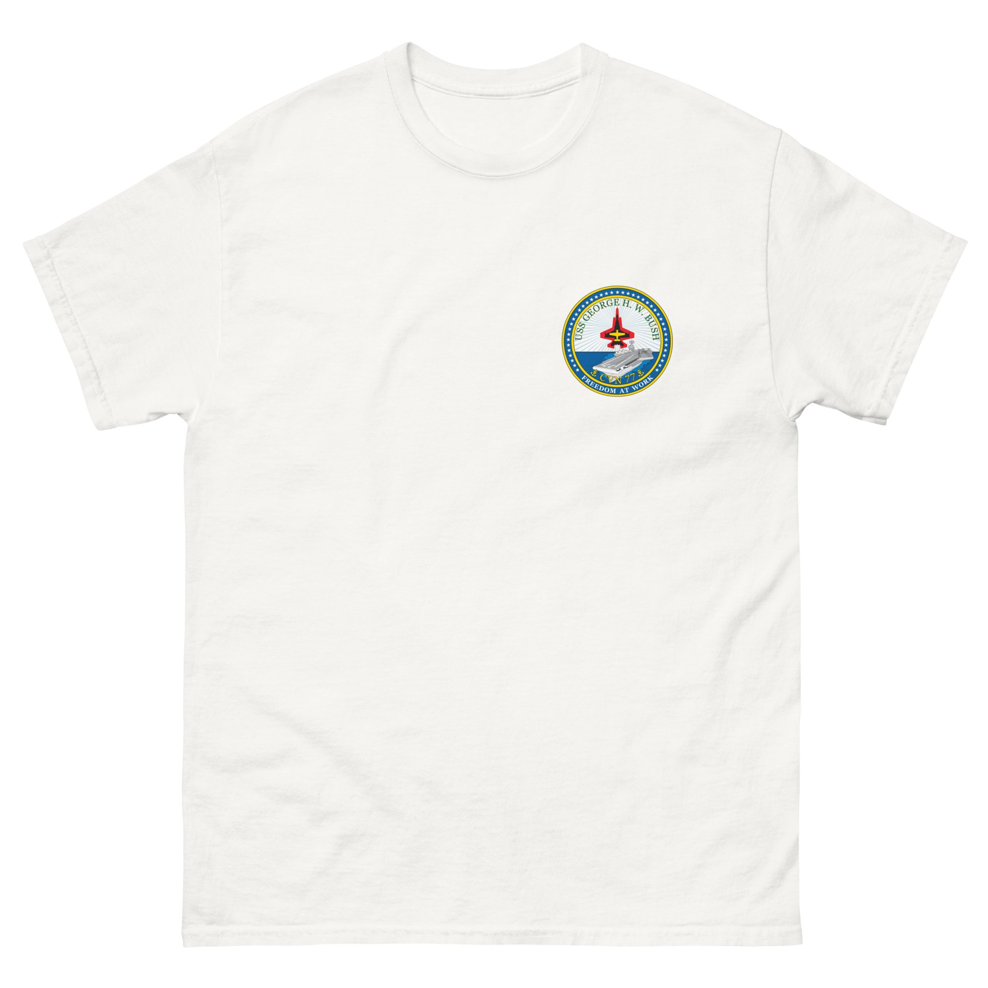 USS George H.W. Bush (CVN-77) Ship's Crest T-Shirt – front view, white