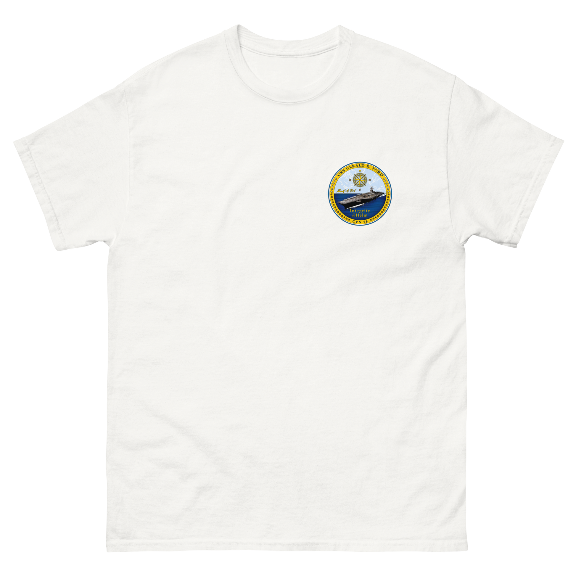 USS Gerald R. Ford (CVN-78) Ship's Crest T-Shirt – front view, white